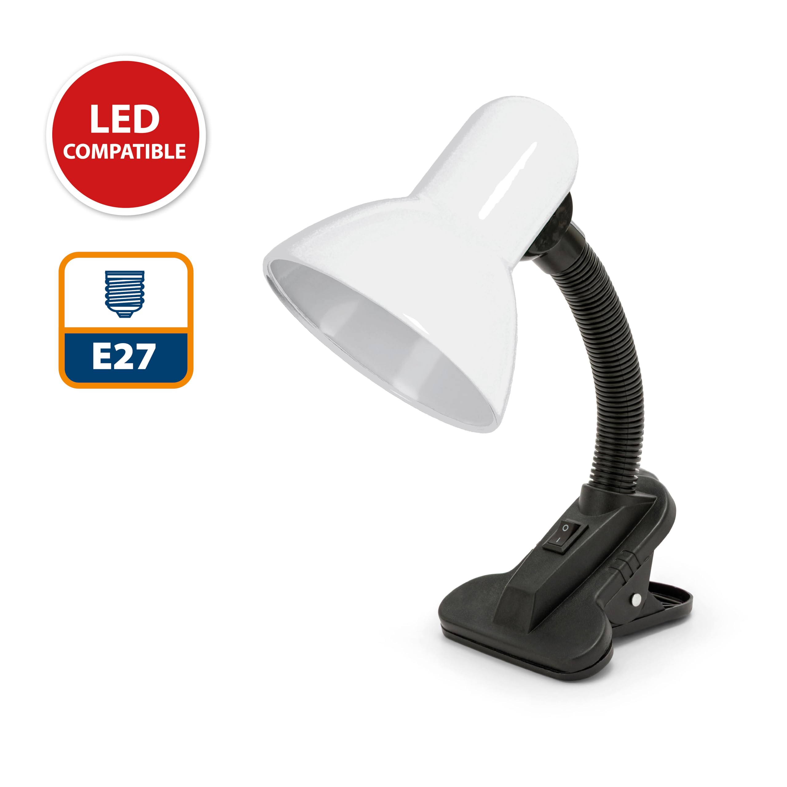 Velamp Lampa z klipsem, E27, kompatybilna z LED, elastyczne ramię, z kablem i przełącznikiem, do pokoju dziecięcego, biurka, metalu, 6 W, biała