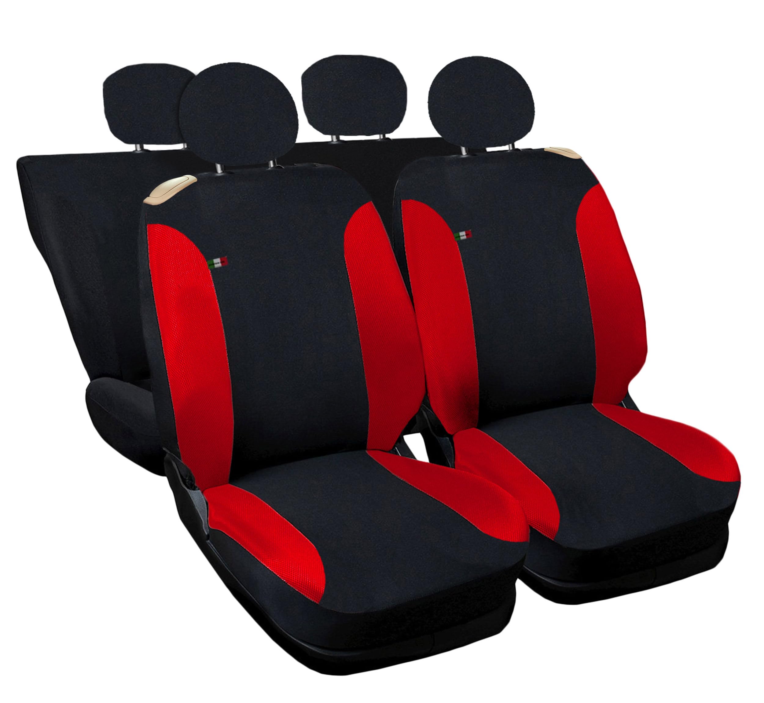 Auto Accessori Lupex Housses de siège Auto compatibles avec Cinquecento 500, fabriqué en Italie, Tissu Polycoton, Ensemble Avant et arrière (Noir - Rouge avec Dossier arrière 50e50)