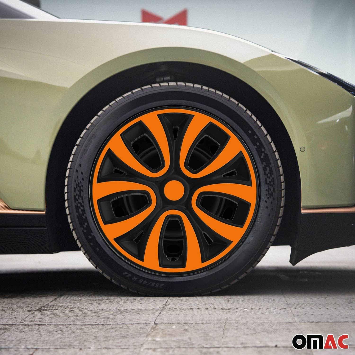 OMAC 4X Radkappen Radzierblenden Radblenden 15" Zoll Stahlfelgen Matt Schwarz-Orange
