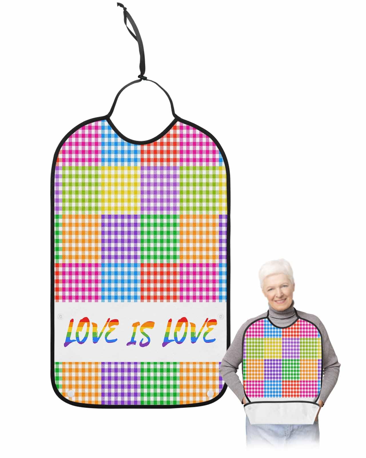 LEOKOTI Colorful Plaid Adult Bibs for Eating, Waterproof Bibs with Food Catcher & Adjustable Snap Closure, Farmhouse Watercolor Rainbow Checkered Washable Clothing Protectors Adult Bibs for Elderly