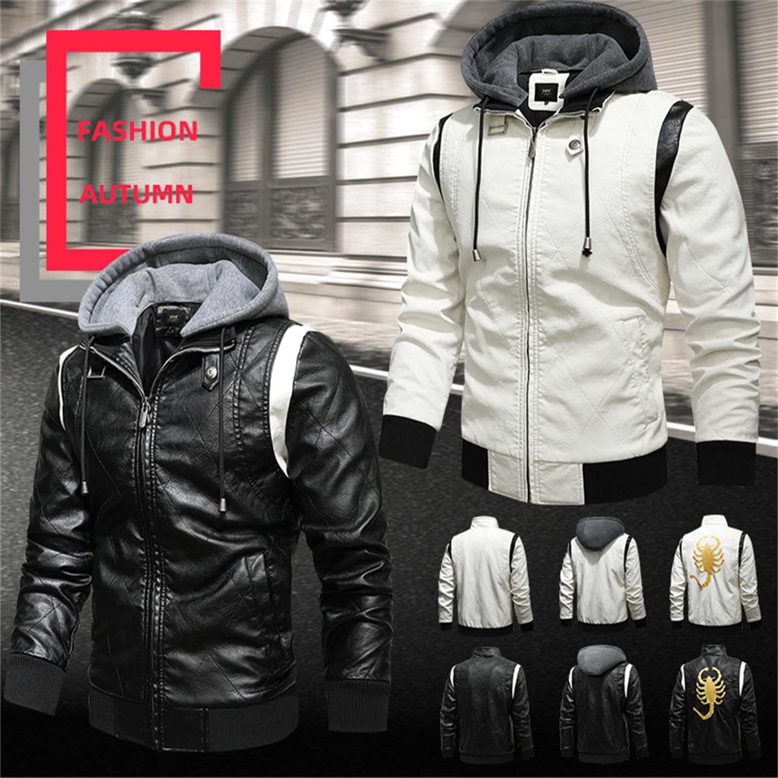 FFFF & OLFEH Giacca In Pelle Con Cappuccio Staccabile Da Motociclista Uomo,Giacca Da Moto Da Uomo In Pelle - Protezione Originale Da Motociclista (Black A2,XL)