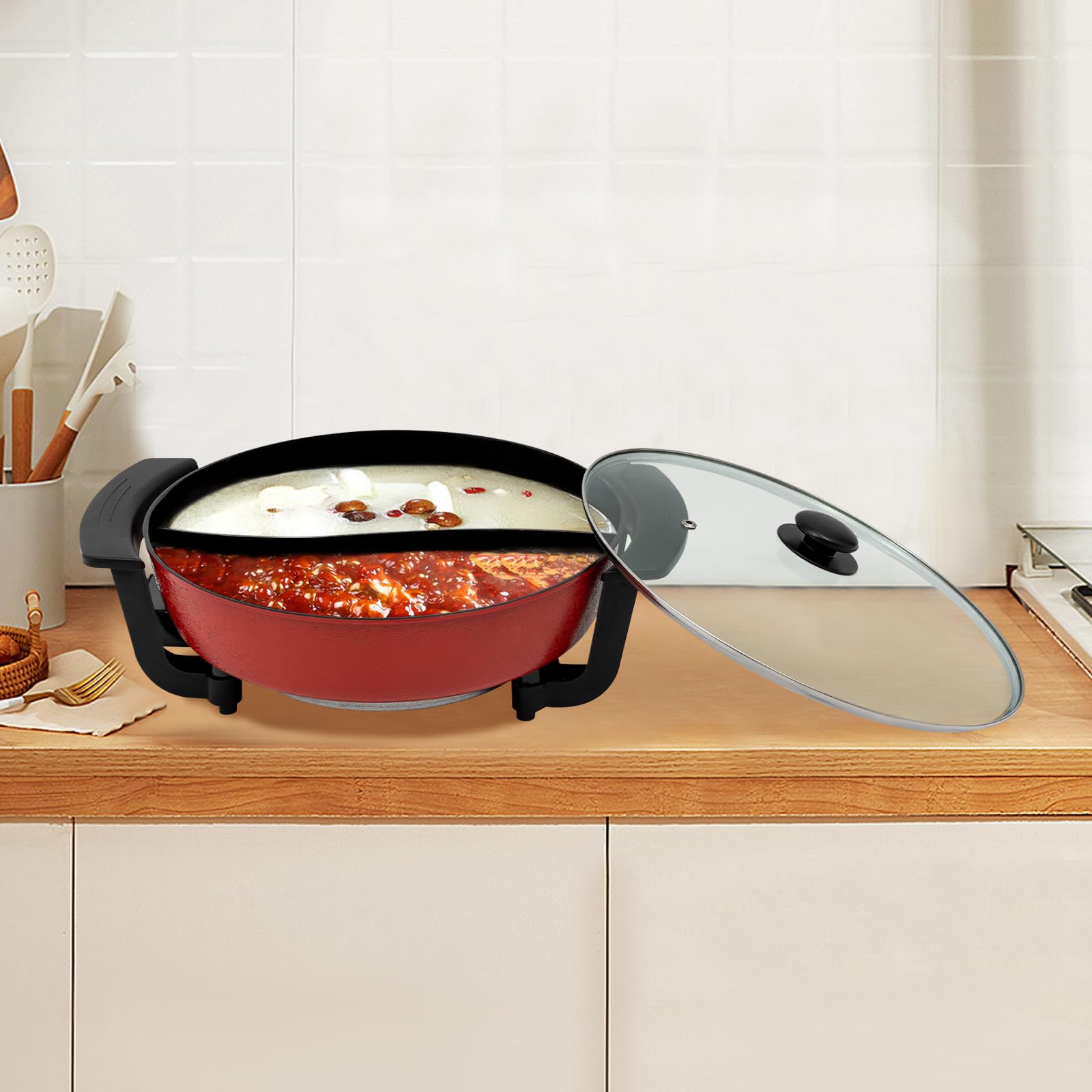 Elektryczny hot pot ze ścianką działową, podwójna kuchenka 6 l, na 2 smaki zup, 1360 W, elektryczny garnek do gotowania z 5 poziomami temperatury, duszenie i pieczenie, nieprzywierająca i
