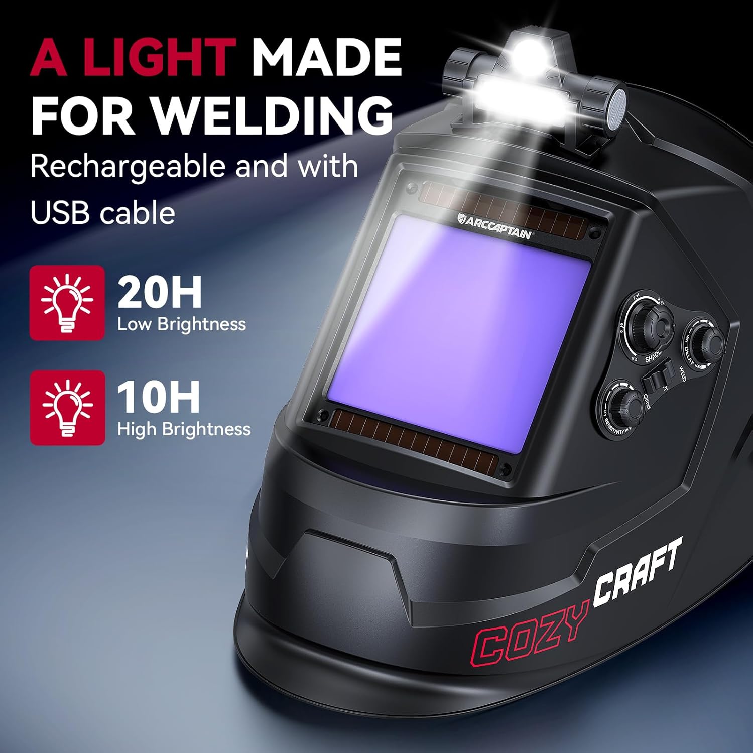 ARCCAPTAIN Large View 3.94" x 3.66" True Color Auto Darkening Welding Helmet with Light, Solar Powered Welding Hood, 4 Arc Sensor Wide Shade 4/5-9/9-13 for Stick MIG TIG Cut - Image 2