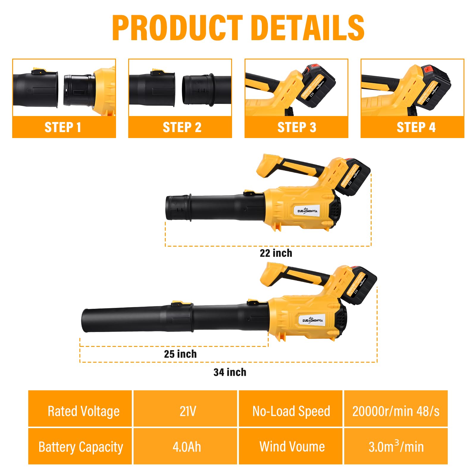 Soffiatore per foglie senza fili, 350 W, 4000 mAh, batteria al litio con 2, velocità regolabile (giallo)
