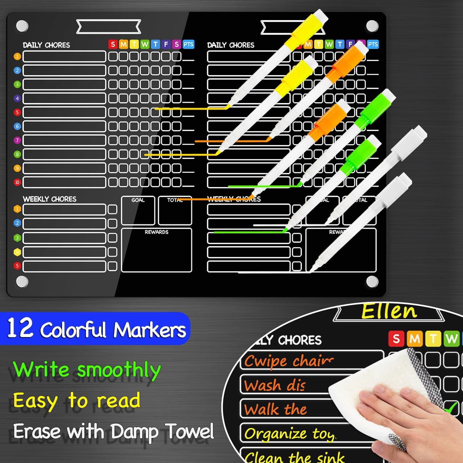 PigPotParty 2-in-1 Black Acrylic Magnetic Chore Chart for 2 Kids Couples Roommates, 15"x11" Large Dry Erase Chore Board for White Fridge, Weekly Reward Chart, 12 Markers & 1 Towel Included