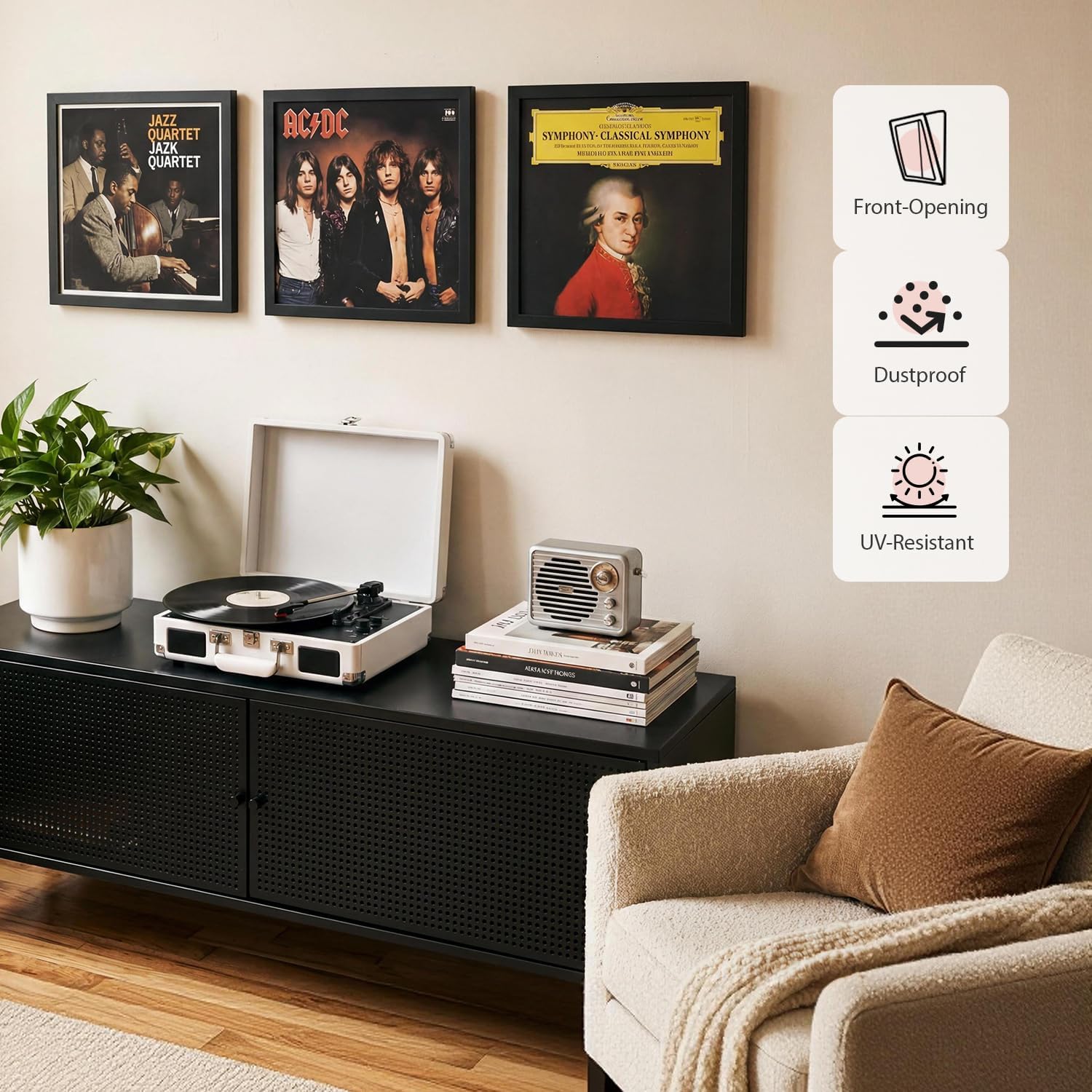 ONE WALL 12 x 12 Inch Vinyl Record Frame, 2 Pack Record Display Frame, Solid Wood Front-Opening Album Frames for Vinyl Records, Black