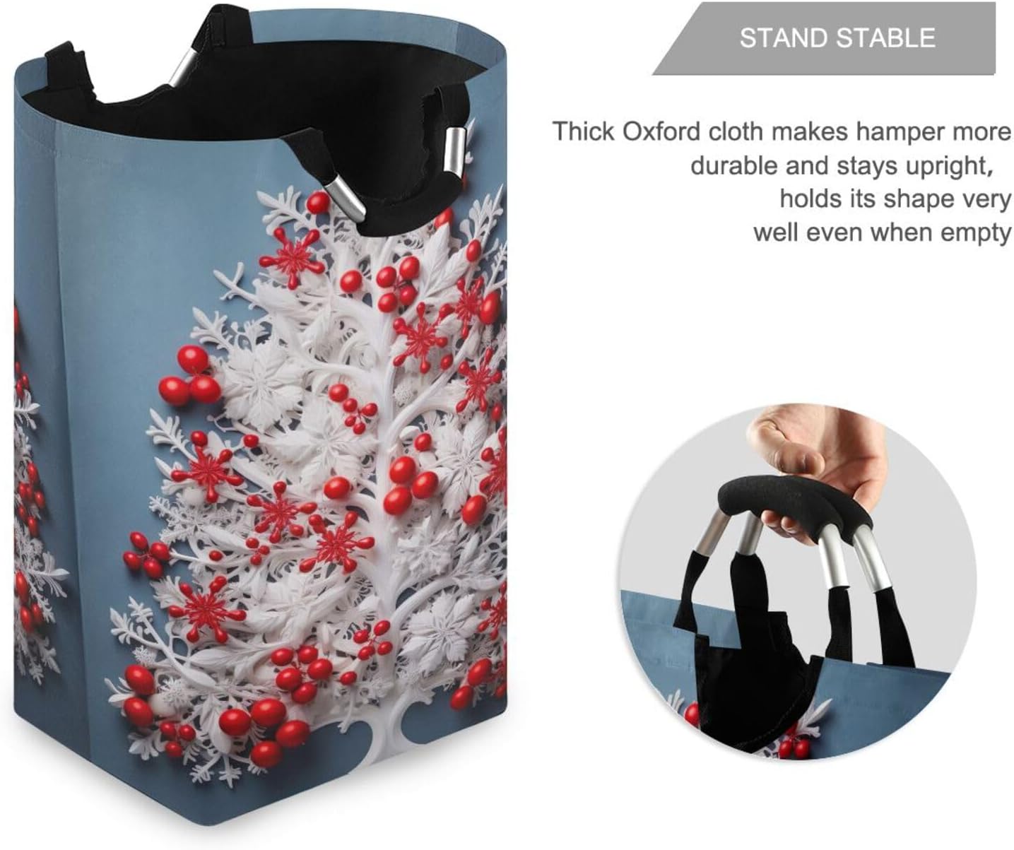 Christmas Tree with Red Berries Large Laundry Hamper Waterproof with Handles, Portable Laundry Baskets Collapsible Sturdy Clothes Store Basket for Bathroom Bedroom