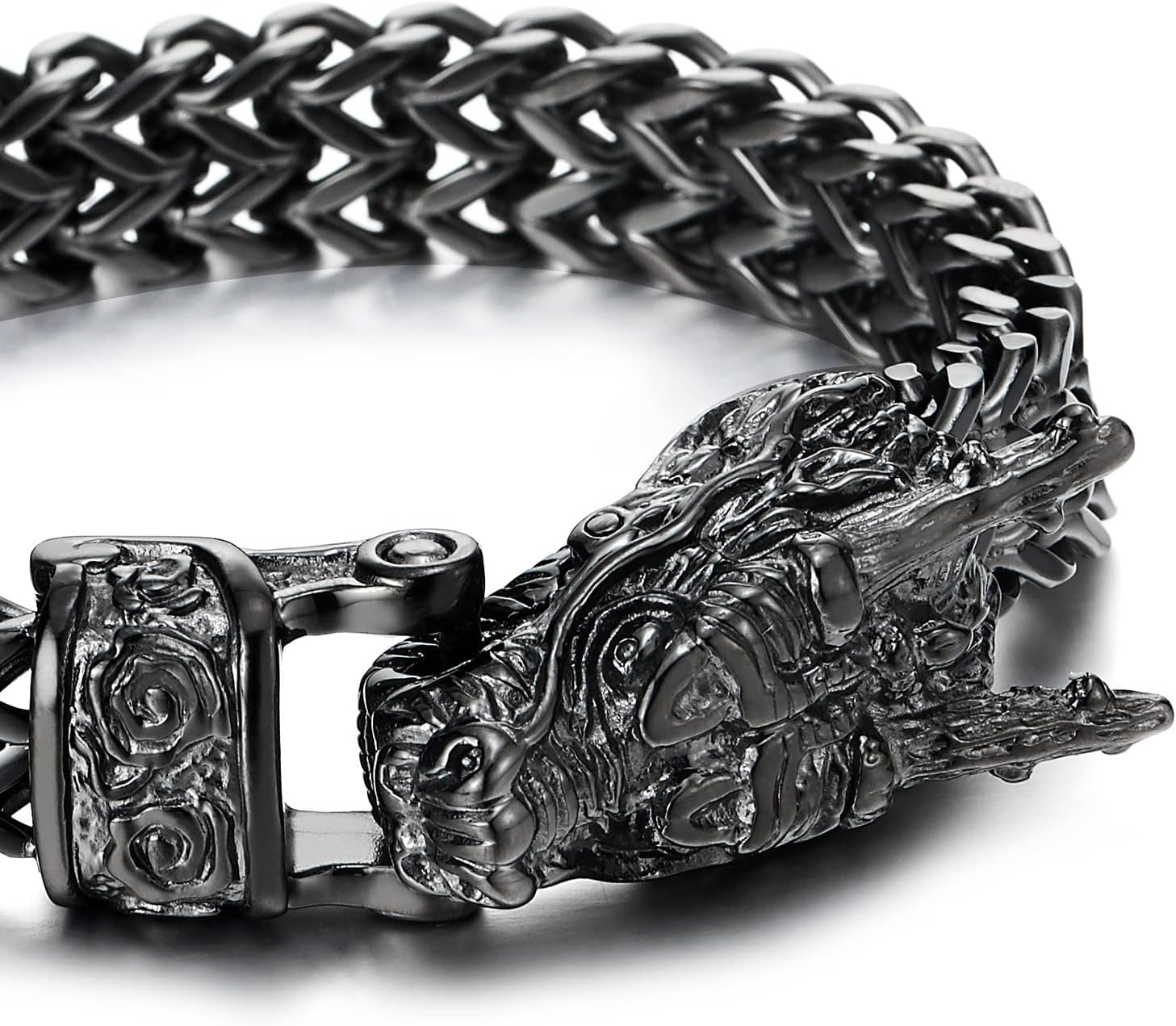 COOLSTEELANDBEYOND Mens Large Steel Vintage Dragon Square Franco Chain Curb Chain Bracelet, 8.5 Inches Long, Masculine