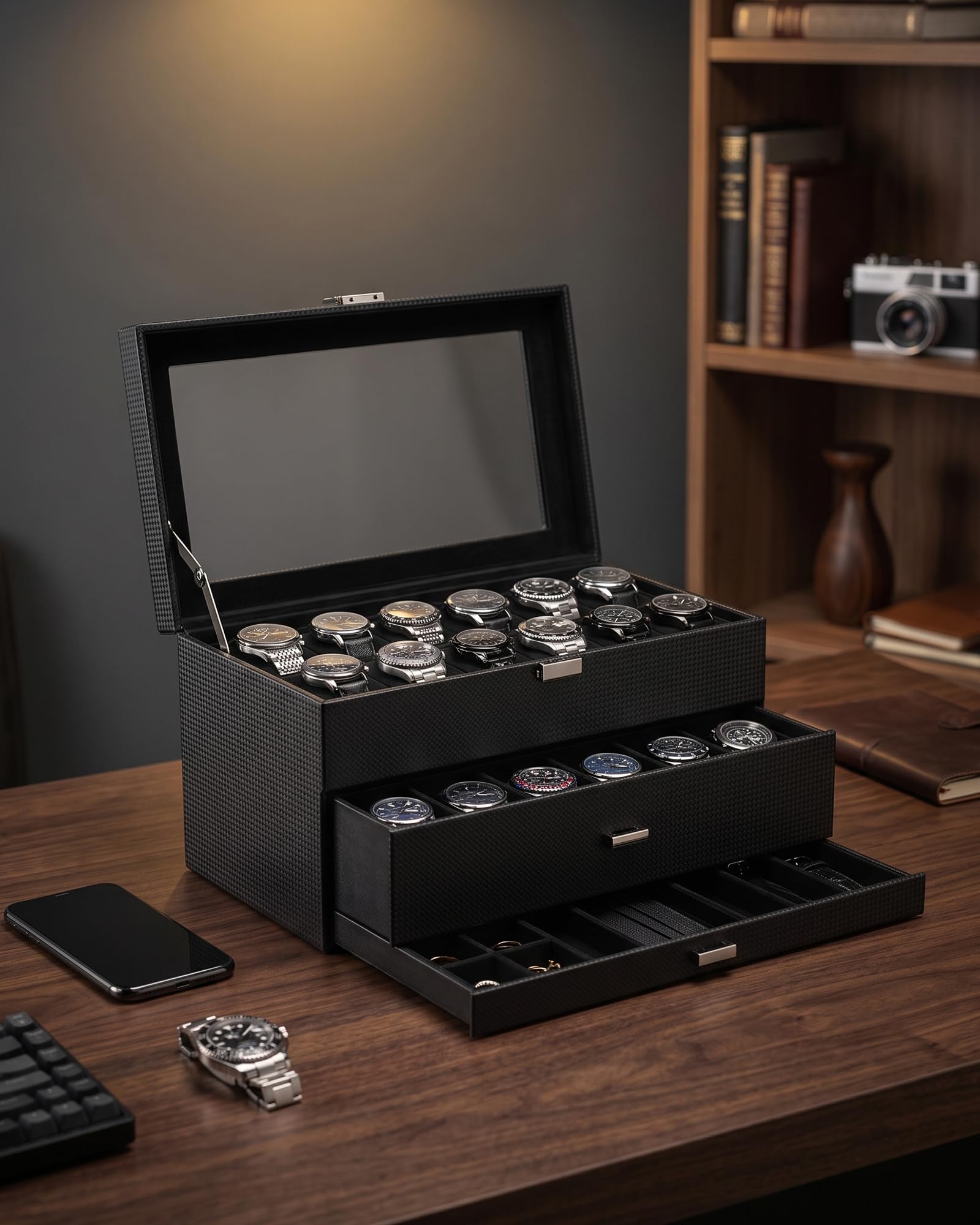 Lolalet Caja para Relojes con 24 Ranuras, 3 Niveles -Negro Puro