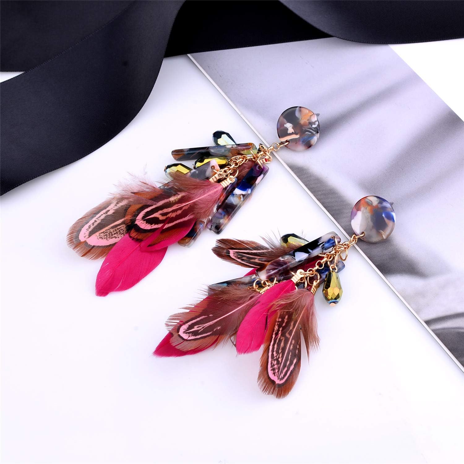 Nicole Miller New York Round Maroon Resin Acrylic Fuchsia Pink Feathers Rose Gold Dangle Earrings