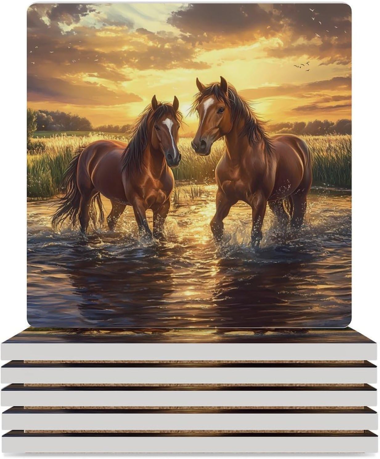 Horse Lake Sunset Ceramic Coasters Set Square Drink Coasters Table Coaster for Kitchen Desktop Decor