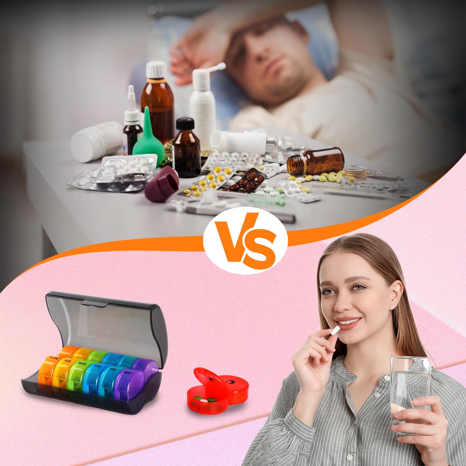 WD&CD Pudełko na tabletki 7 dni rano wieczorem, bez BPA, małe pudełko na leki, na 14 dni, 2 przegródki, duże przegródki na leki, witaminy, olej rybny – czarny i kolorowy