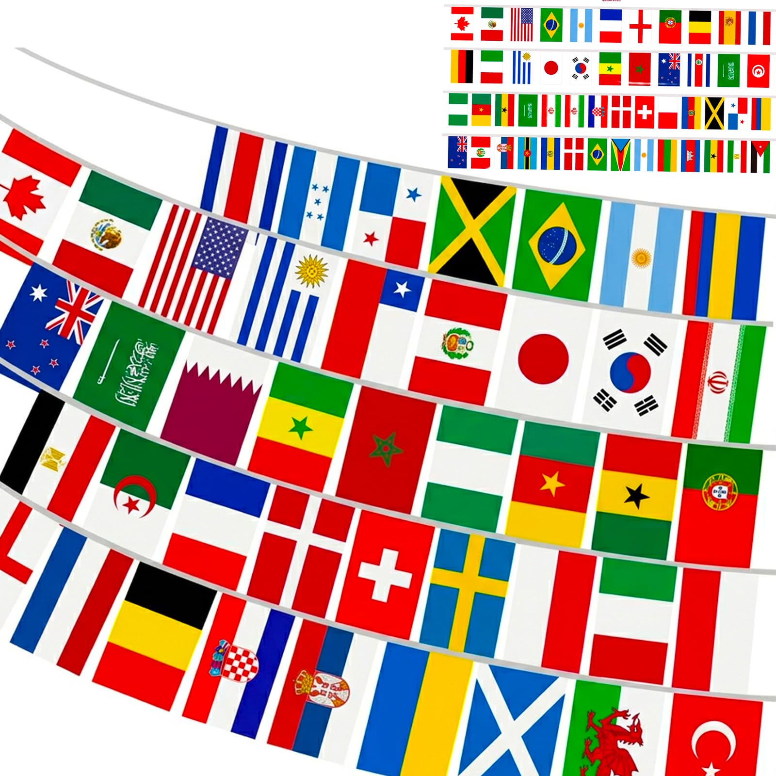Guirlande de fanions internationaux des nations du monde (13 m) - 50 pays - Décorations de jardin, pub et fête de football - Bannières extérieures étanches pour événements sportifs et