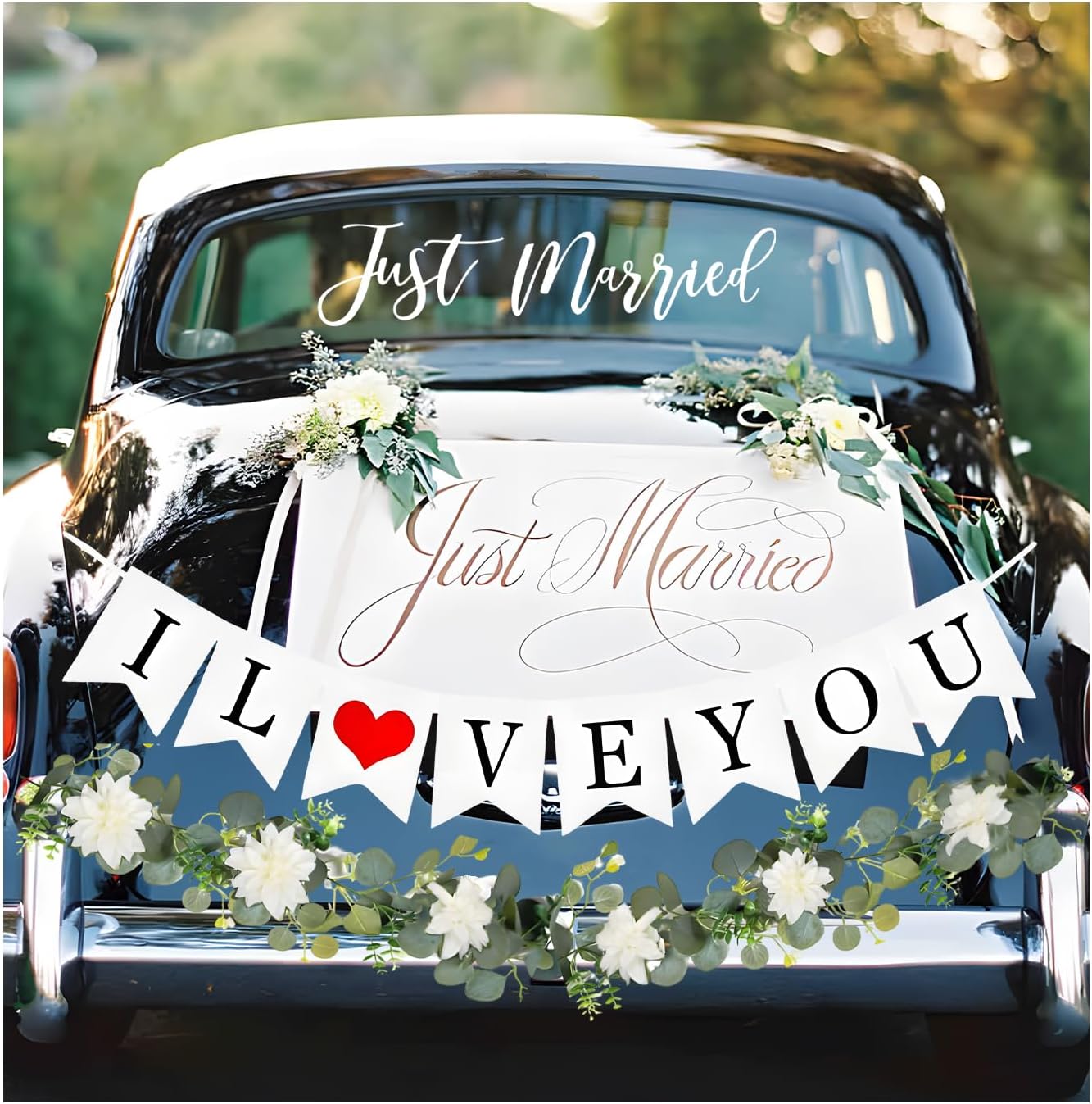 Just Married Car Decorations Kit, Auto Just Married Sign I Love You Banner with Wedding Flower Vine, Honeymoon Wedding Decor Universal Exterior Accessories for Car SUV Truck