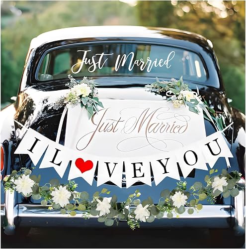Rdxcv Just Married Car Decorations Kit, Auto Just Married Sign I Love You Banner