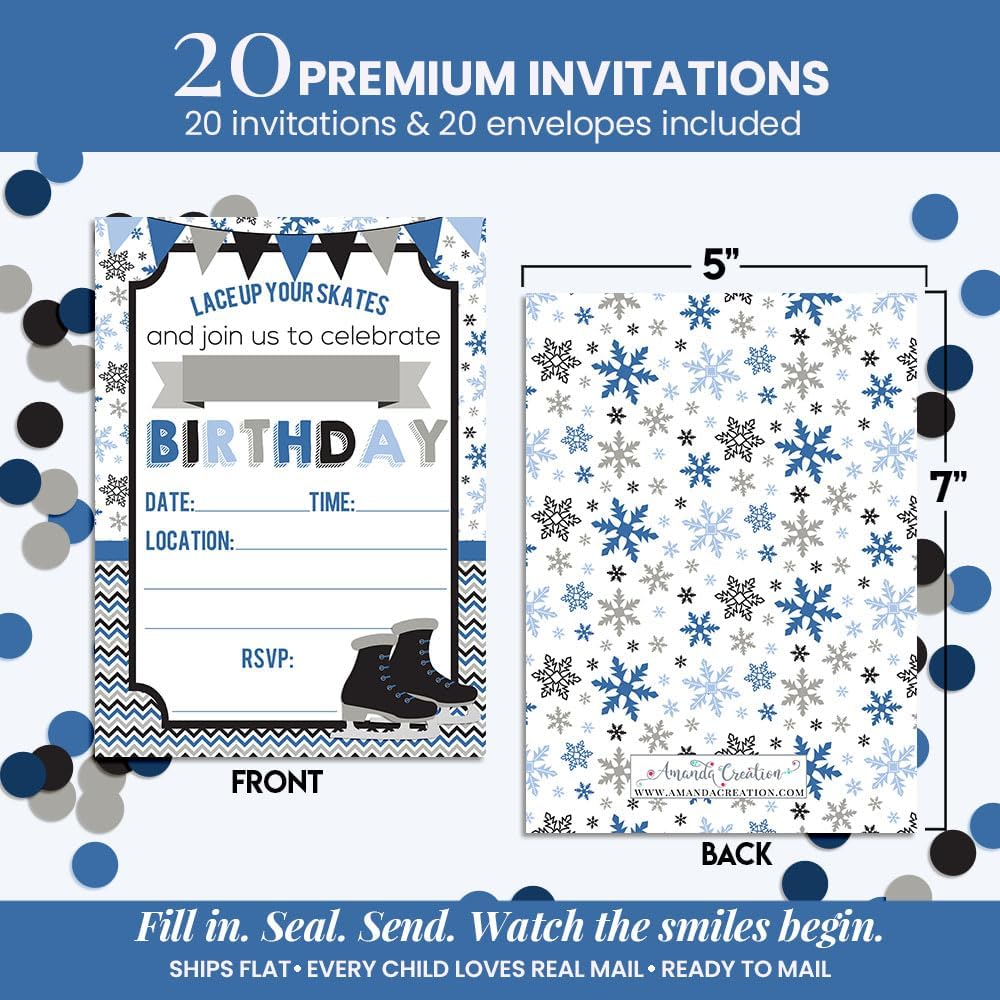 Ice Skating Birthday Invitations for Boys 20 Pack 5x7 Fill-In Cards with Envelopes, Kids Winter Celebration Stationery, Fun Snowy Design Party Invitations, Made in USA by Amanda Creation