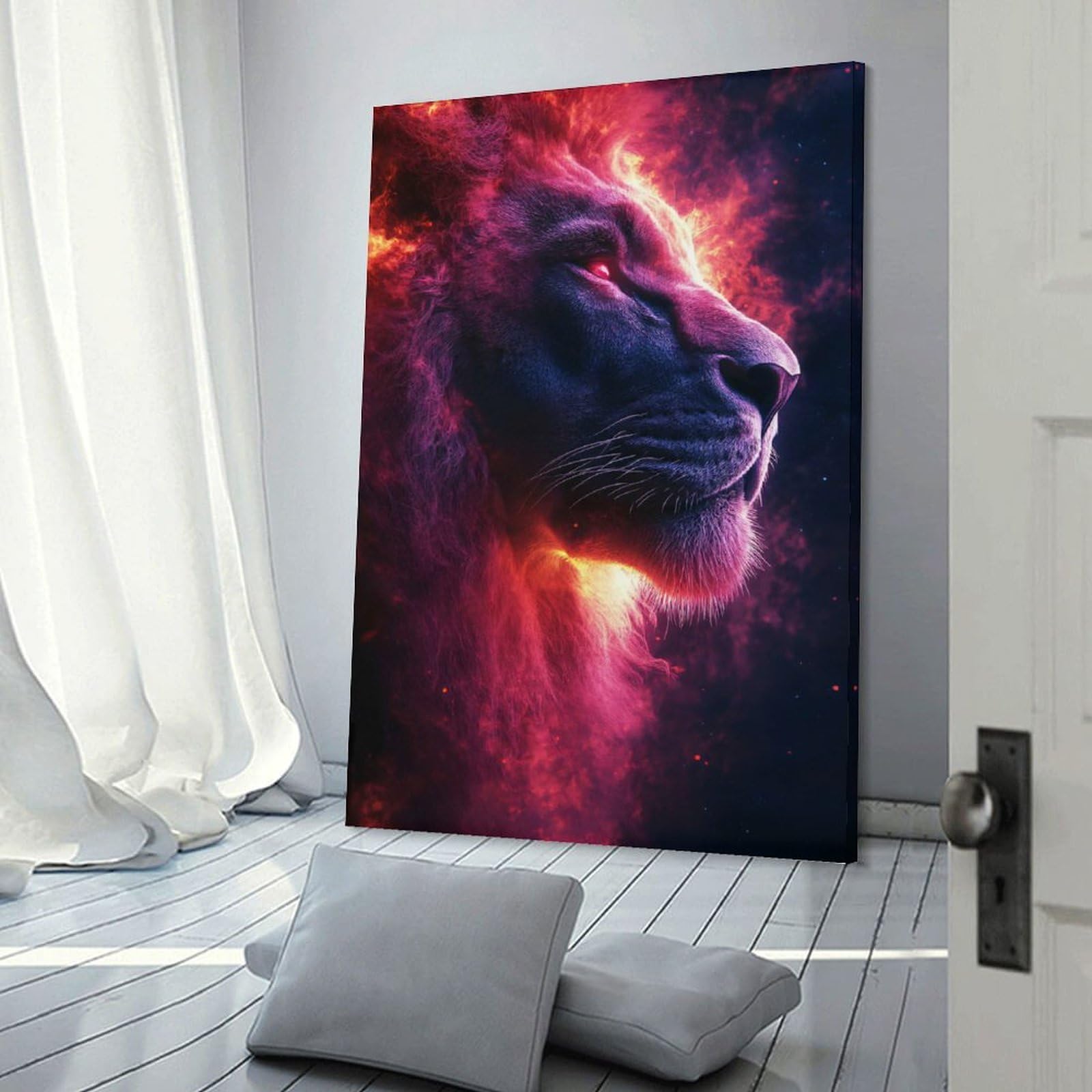 Junmoney Frame-Style-12 Fiery Lion Portrait Poster, Picture, Metal Print, Paint By Creed Decorative Canvas Print, 20X30inch(50X75cm), For Home, Office, Studio Or Guest Room, Versatile Wall Decor For Many Rooms