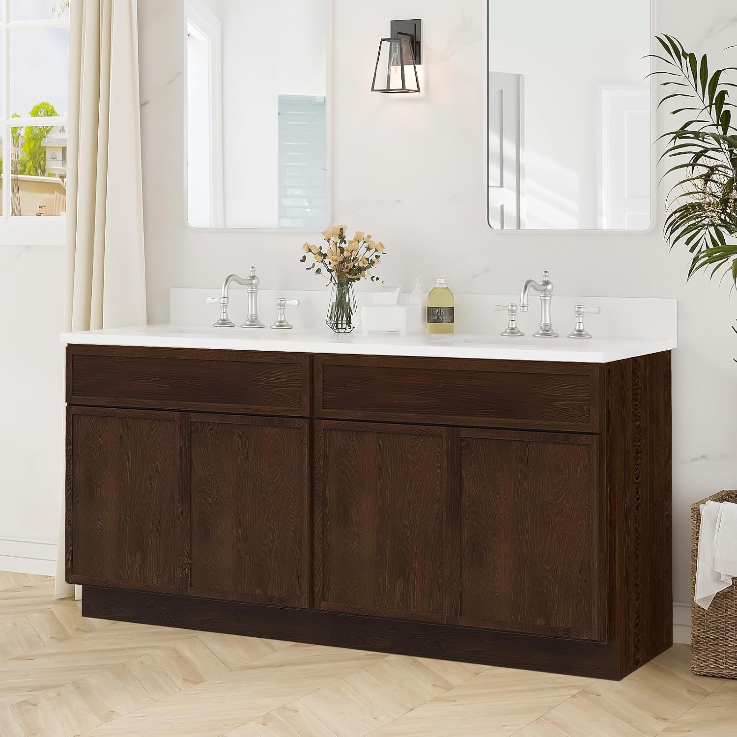 HOMEBEYOND 66 Inch Bathroom Vanity Base Only, Double Vanity Cabinet with Soft Closing Door, 2ea 33 inch Cabinet, Without Top,Brown