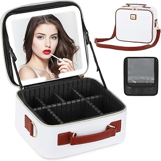 Travel Makeup Bag with Led Mirror Make up Case with Lighted Mirror Cosmetic Organizer bag with Adjustable Dividers and 5X Magnifying Mirror Makeup Box Vanity Case for Women