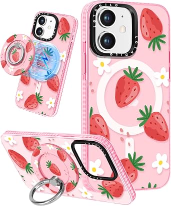 Lotadilo Cute Case for iPhone 11 for Women Girls - Funny Design Compatible with Magsafe Magnetic Ring Holder Kickstand Strawberry Flower Fashion Pattern TPU Phone Covers for iPhone 11 Phone Case