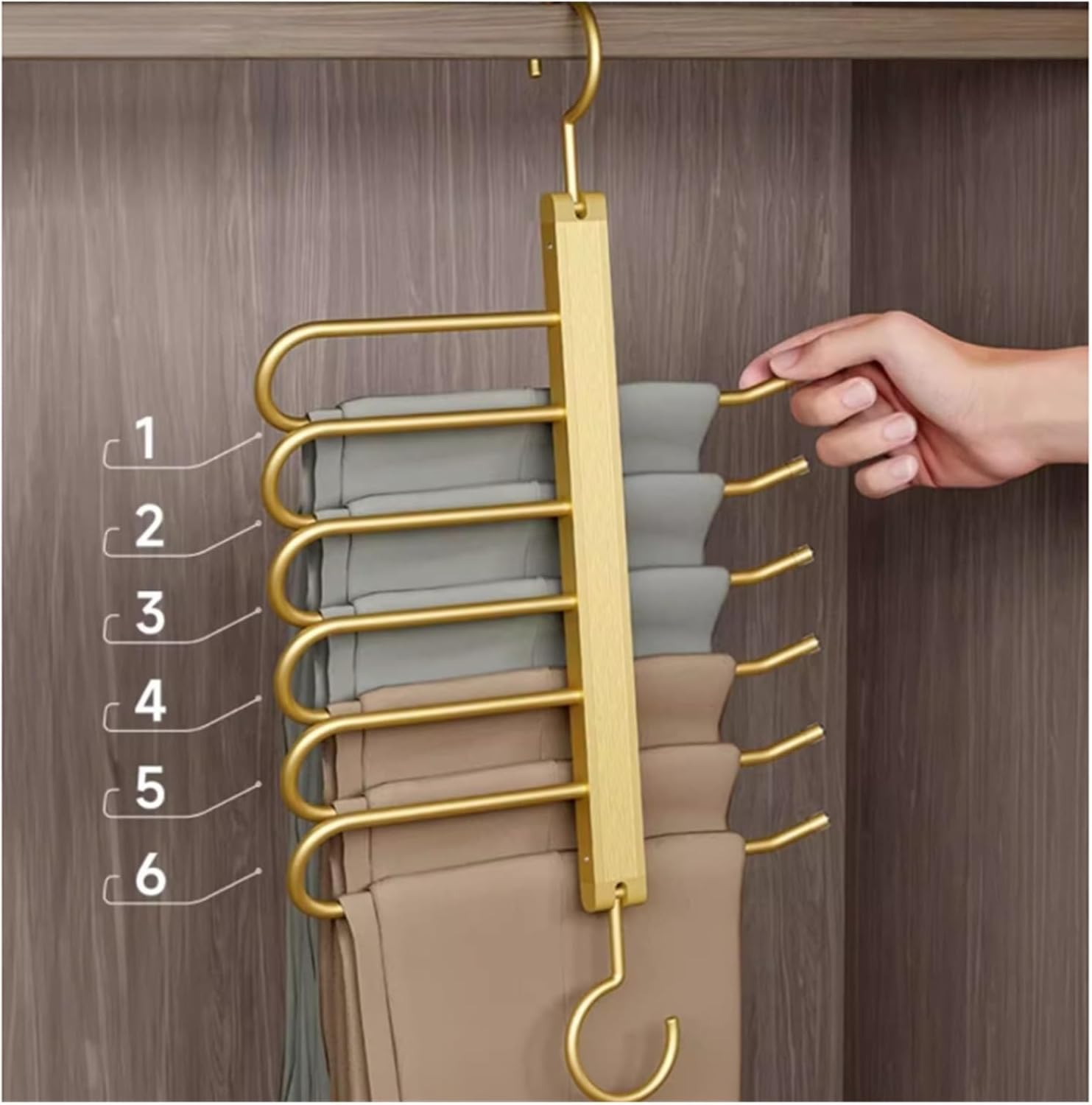 頑丈なアルミ合金製 6本バー式折りたたみ式パンツハンガー - 伸縮式パンツクリップ、家庭用クローゼットパンツオーガナイザー、省スペー