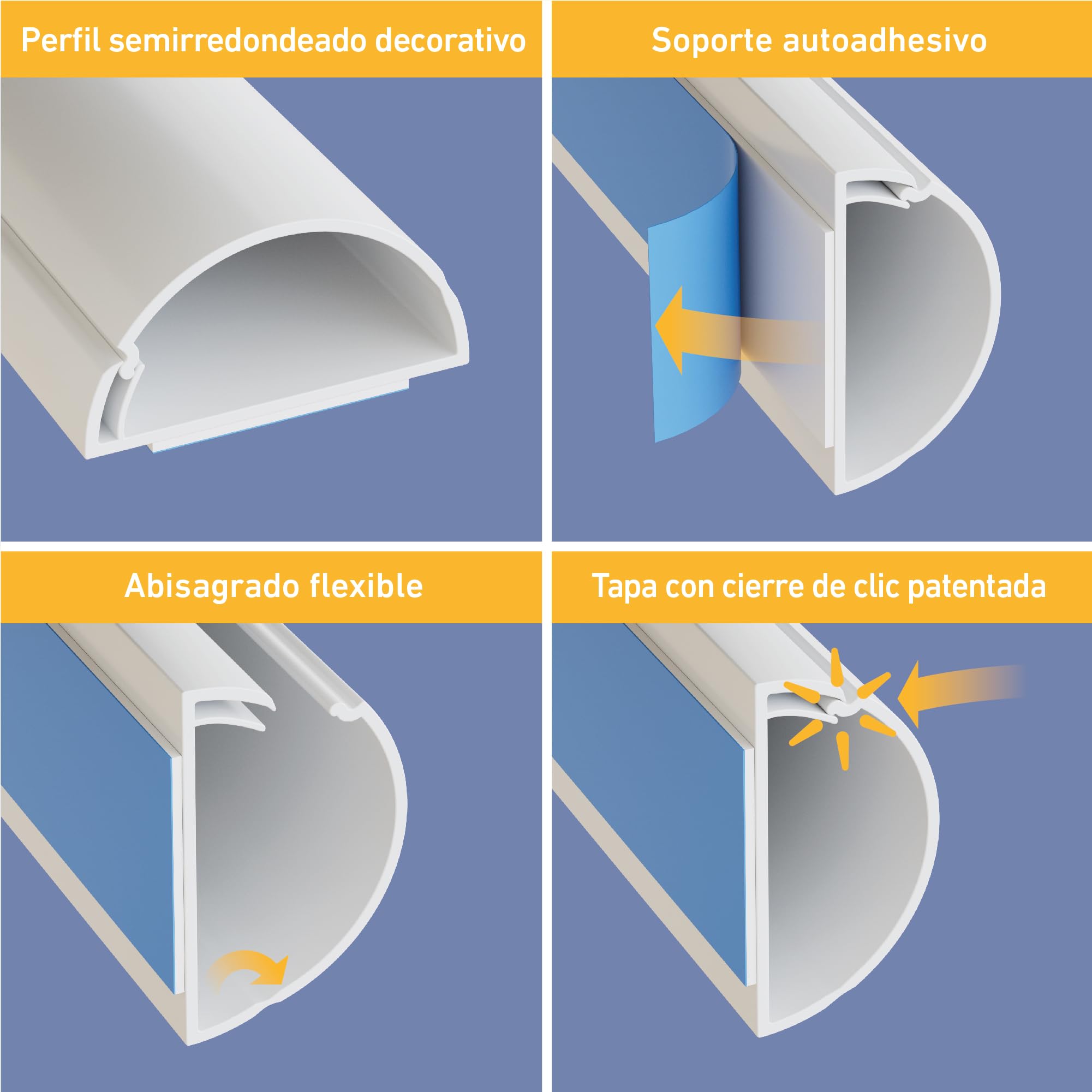 D-Line Canaleta para Cables 30x15mm Multipack 4m, Perfil Semicircular, Cubrecables Autoadhesivo Pintable para Gestión de Cables – 4X 1m con Accesorios – Blanco