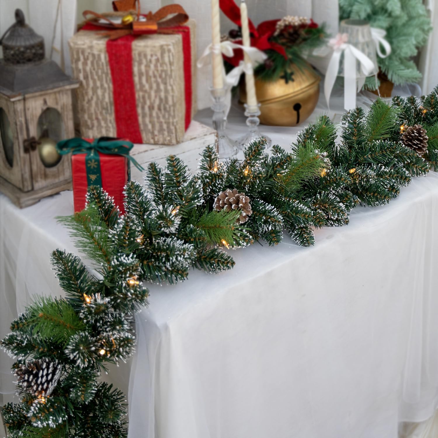 Pre-Lit Christmas Garland, Artificial Holiday Garland with 50 Plug-in Lights, Pine Cone Decorations for Fireplace Mantel, Stairs, Windows, Indoor Outdoor 9FT