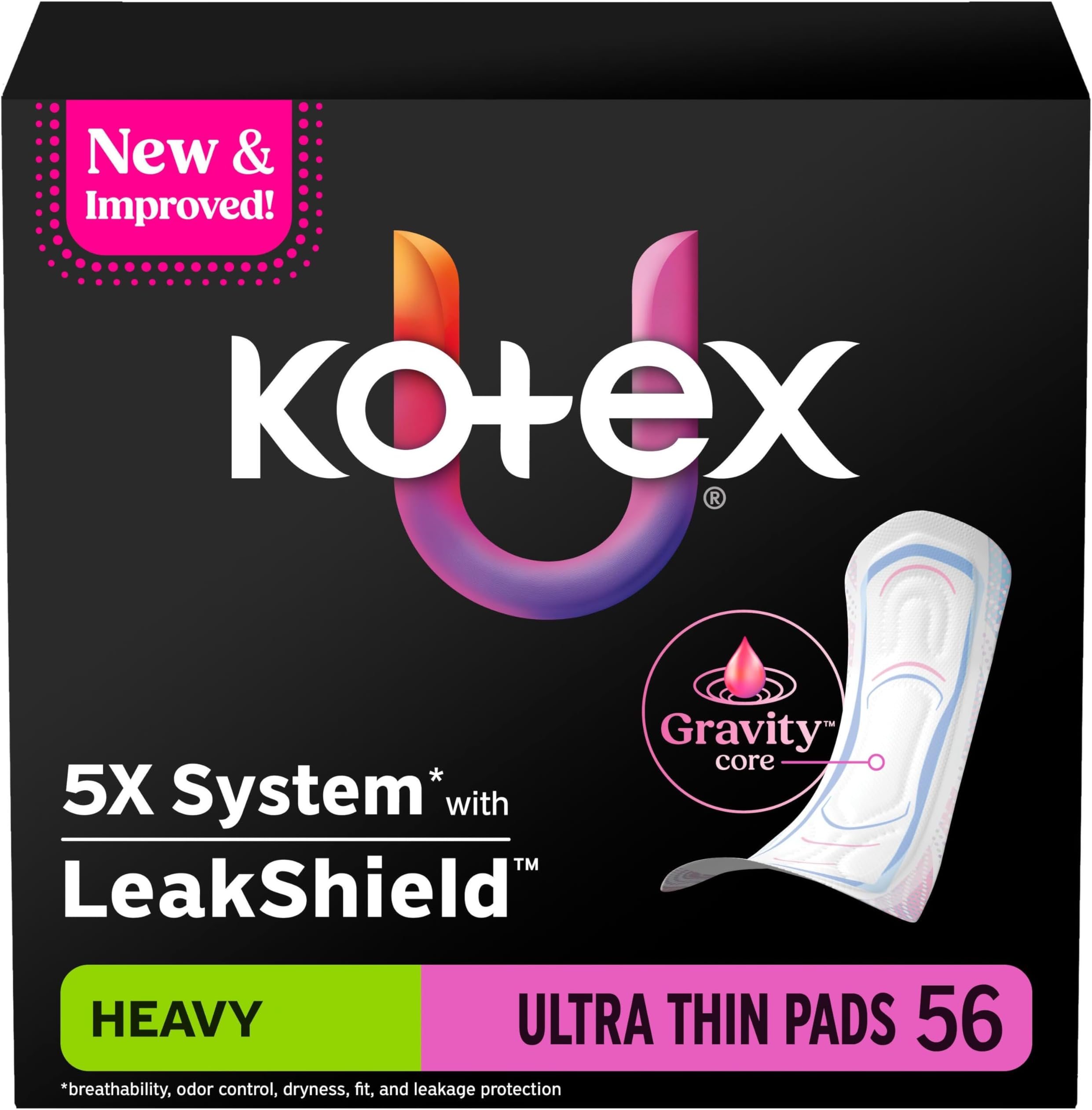 Kotex Ultra Thin Pads, Heavy Absorbency, 56 Count (Packaging May Vary)