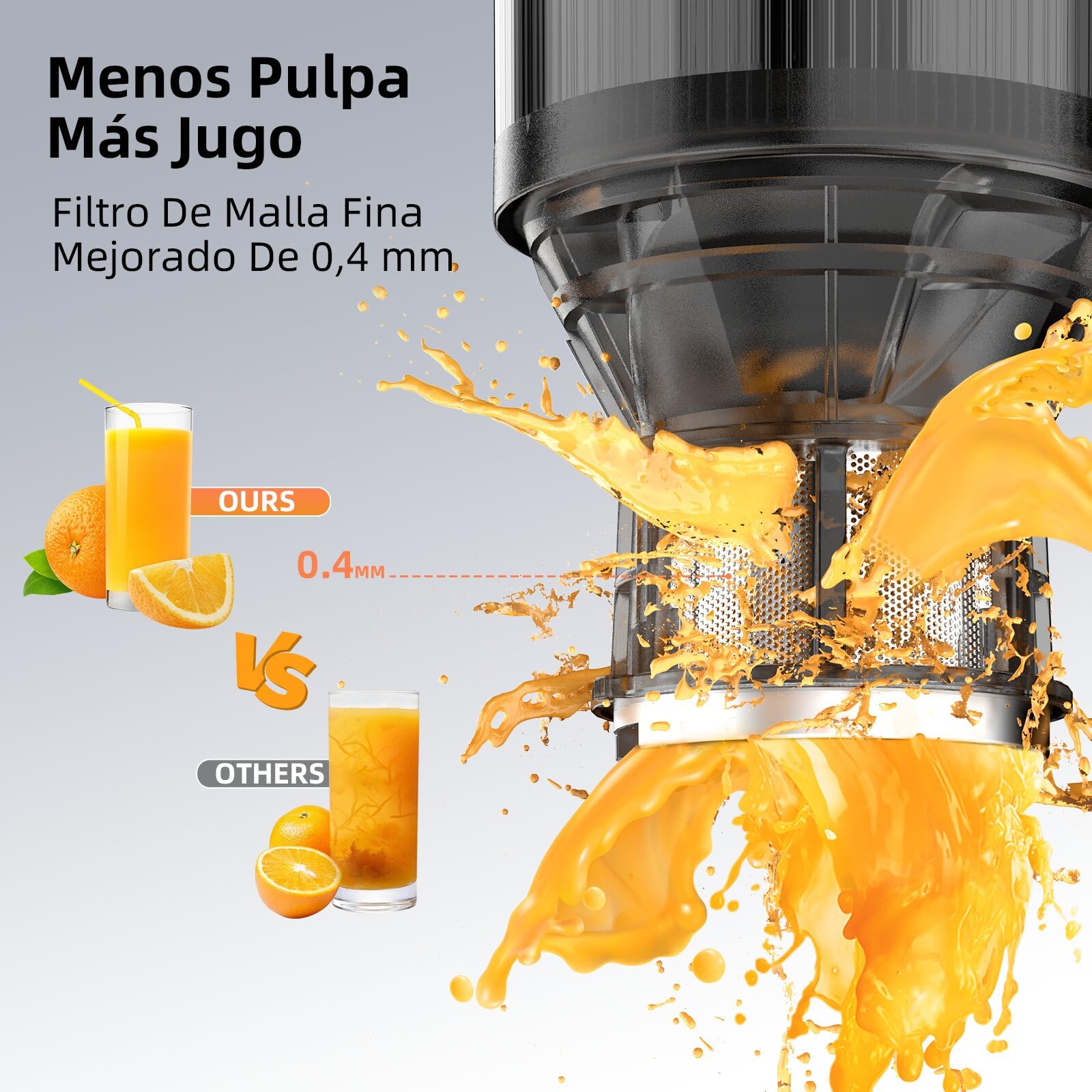 FIMEI Extractor de Zumos y Verduras, Licuadora Prensado en Frio para Verduras Frutas Enteras con Apertura de 135 MM, Fácil Montaje y Limpieza, Extractor de Jugo Incluye 2 Vasos, Sin BPA, Base inox