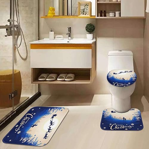 Miniatura 5 de Emvency Juego de cortina de ducha de Navidad con tapa de inodoro y alfombras antideslizantes, juego de 4 alfombras de baño de ciervos de Navidad,