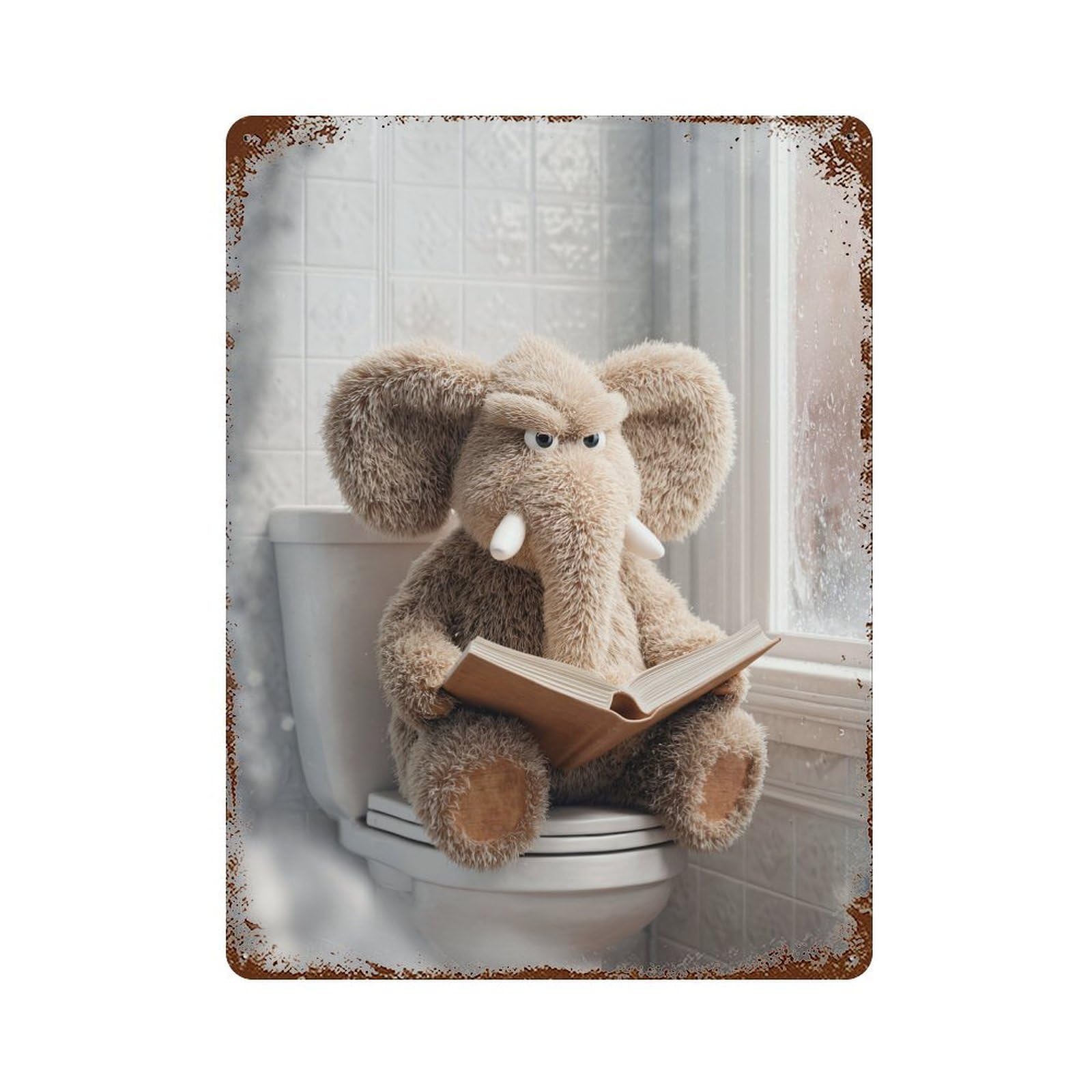 Rust Effect Plush Elephant Reading on Toilet Weathered Tin Sign 15.7"x11.8", Retro Wall Decor for Garage, Bar And Workshop Decor