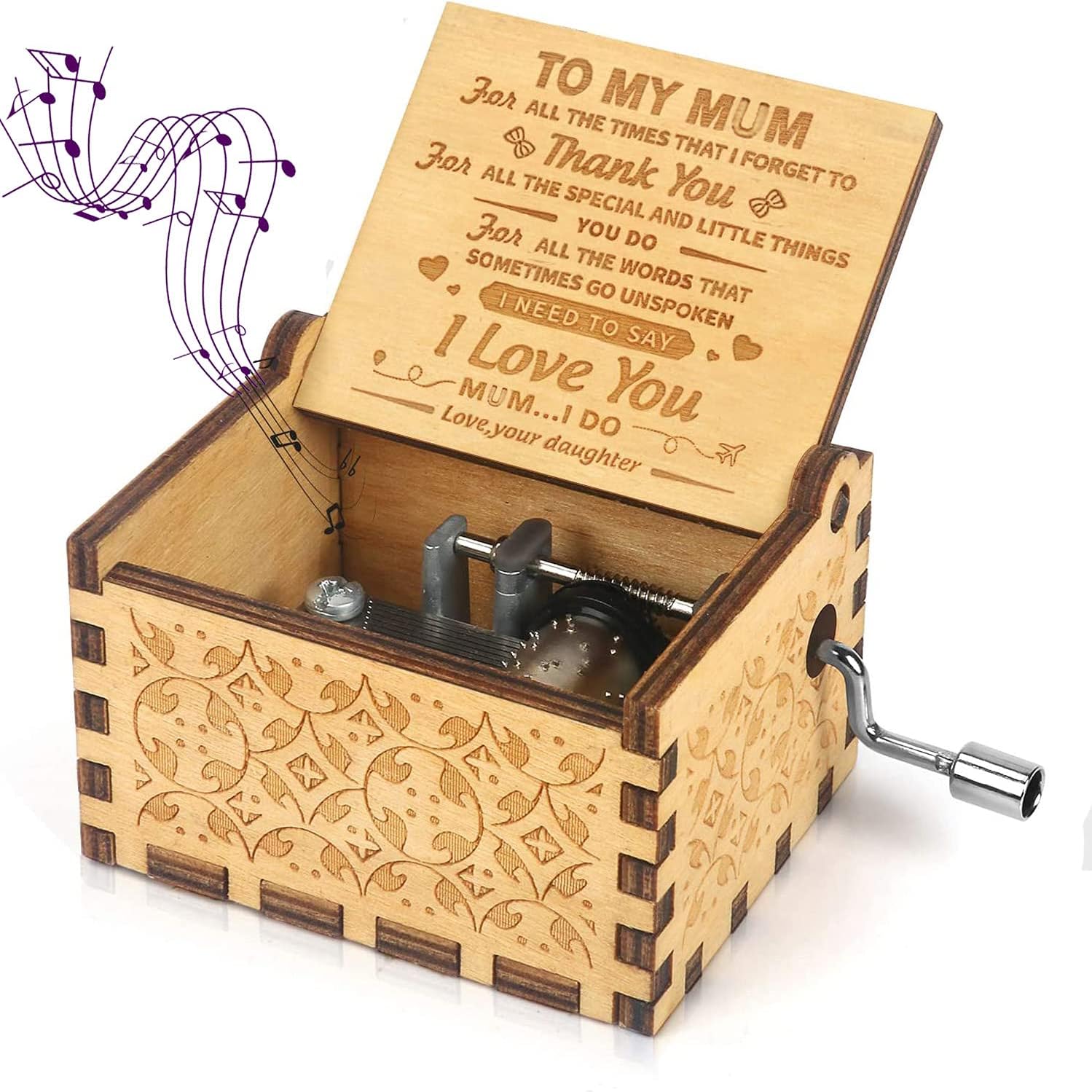 Wooden Music Box for Mom You Are My Sunshine,Gift from Daughter to Mom,Hand Crank Wood Music Box Laser Engraving Handmade Musical Box Mechanism Antique Gift for Mom on Birthday,Mother’s Day