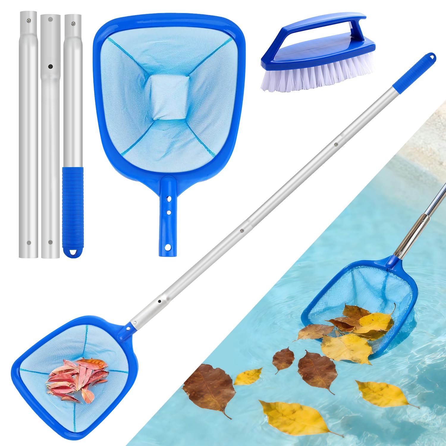 Swimming Pool Skimmer with Small Brush , Deep Pond Fish Net With Ajustable Thick Metal Pole, Pool Cleaning Kit Accessories for Pond Pool Hottub Spa Koi Tank Scoop Out Leaves Twigs Hairs Bugs Debris-image-40