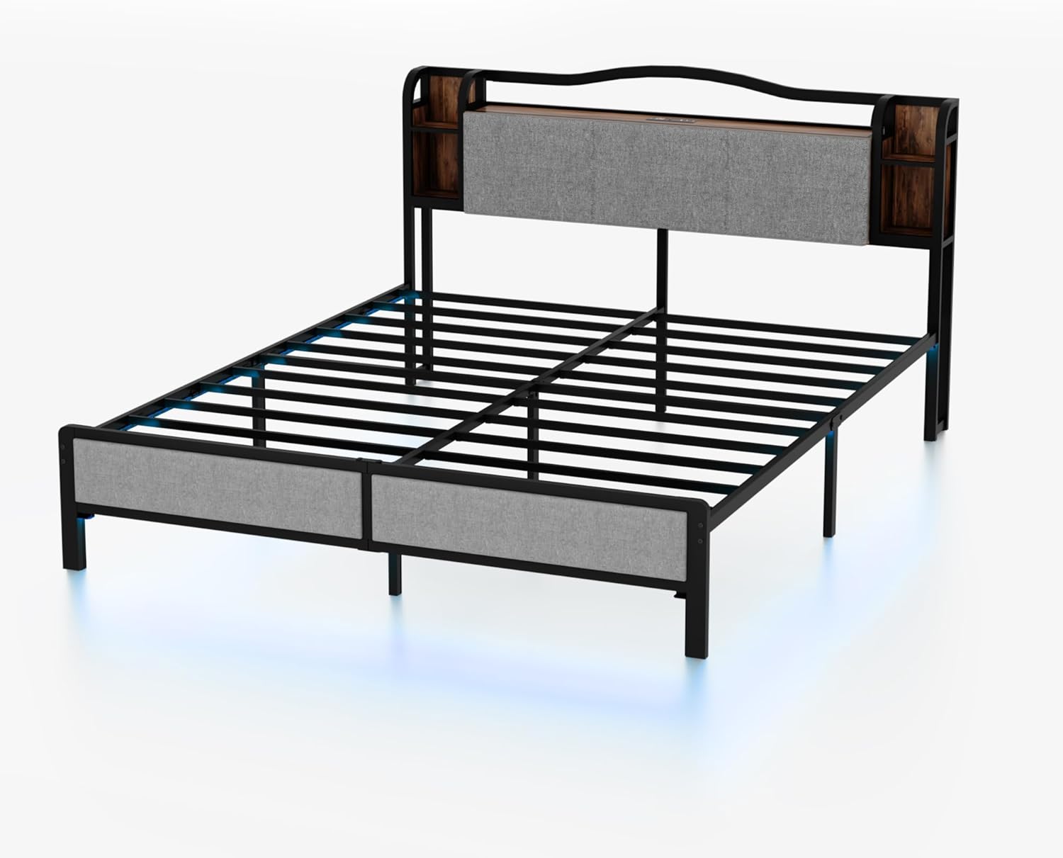 AROMUSTIM Bed Frame Queen Size with Charging Station, LED Bed with Upholstered Storage Headboard, Metal Platform Bed with Under Large Bed Storage, No Box Spring Needed, Easy Assembly,Noise Free