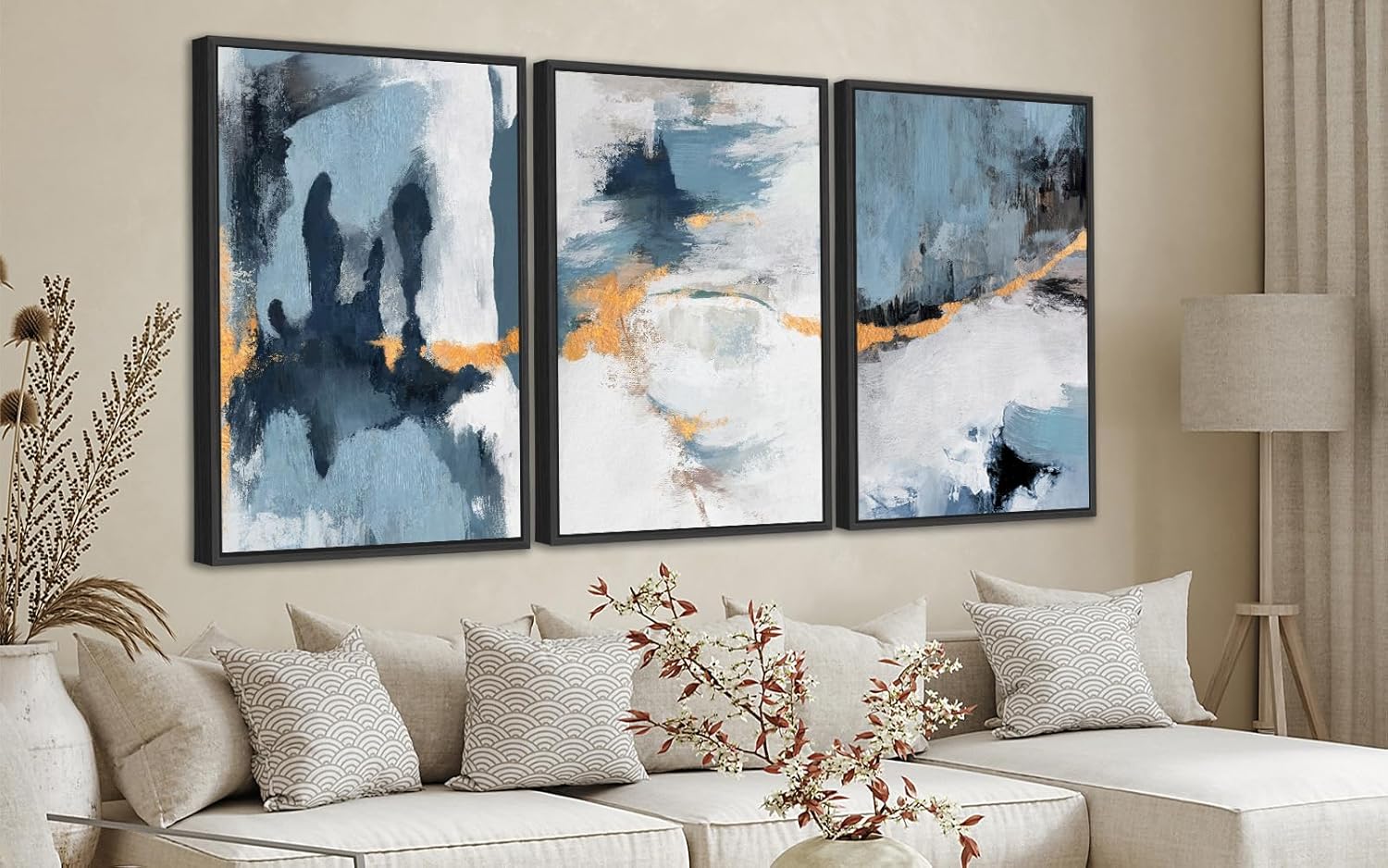 Large Framed Abstract Wall Art - Natural Framed Canvas Pictures for Living Room Modern Canvas Prints Grey Blue for Bedroom, Black Float Frame Art for Home Office Kitchen Decor 24" X 36" X 3pcs - Image 2