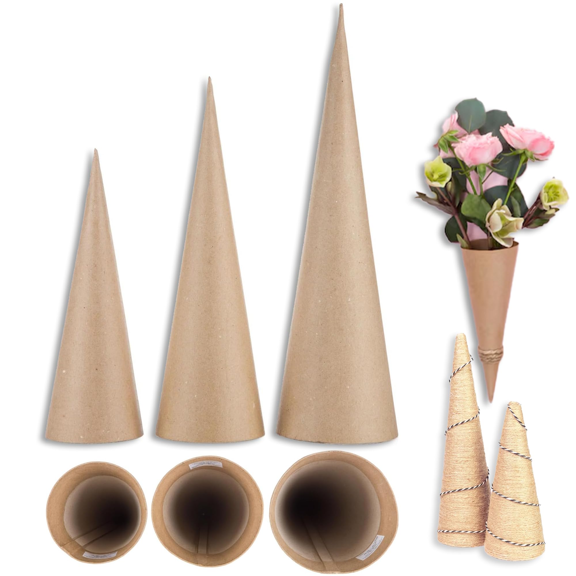 Paper Mache Cones (Set Of 3) - Brown Craft Cones in Versatile Sizes - Open Bottom Paper Cones For Custom Decoration - Paper Mache Paper Cones For DIY Art Projects, Crafts, & Christmas Tree Decorations
