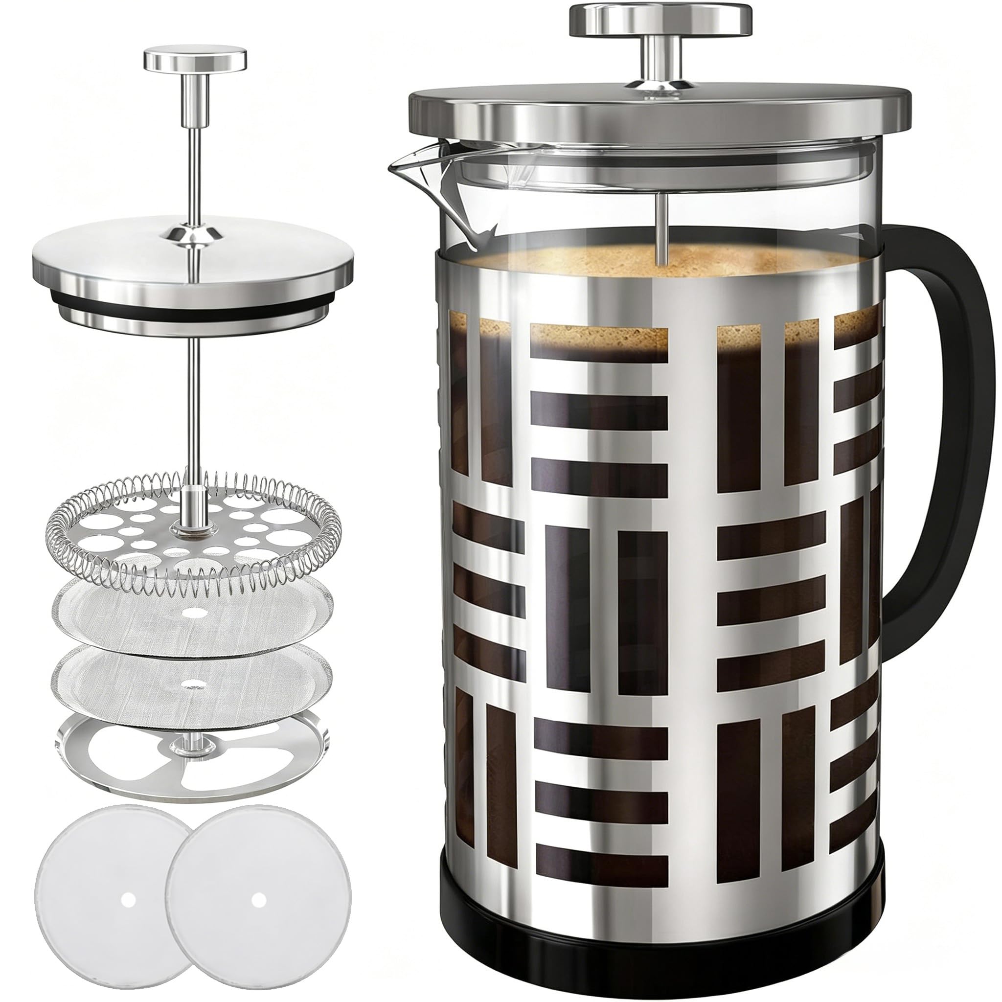 34 oz Brushed Stainless French Press, Borosilicate Glass French Press | Thickened Heat-Re…