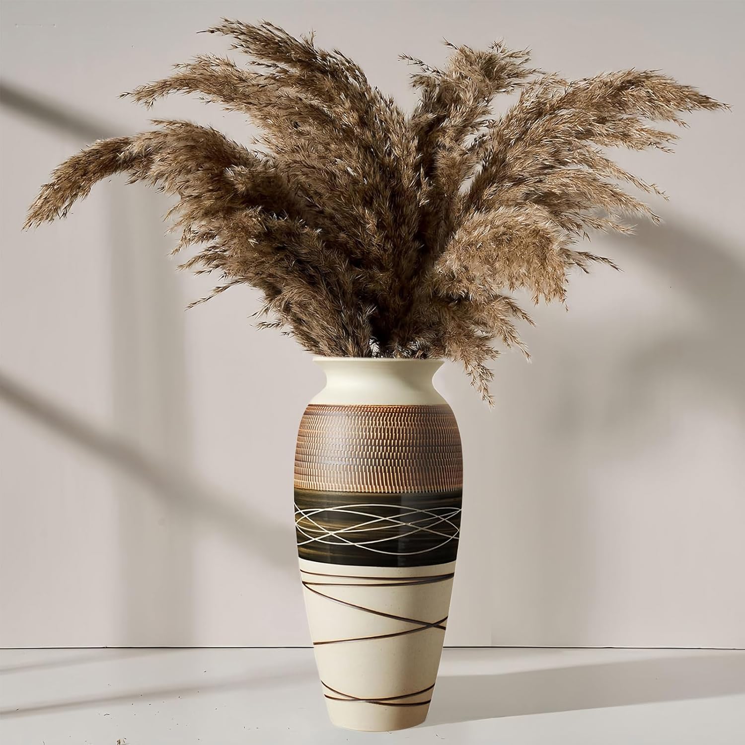 2 Ceramic Rustic Farmhouse Vases, 12.6" Large Vintage Flower Vase for Home Decor, Tall Boho Textured Vase for Living Room, Table, Mantel, Shelf and Centerpieces Decor and Housewarming