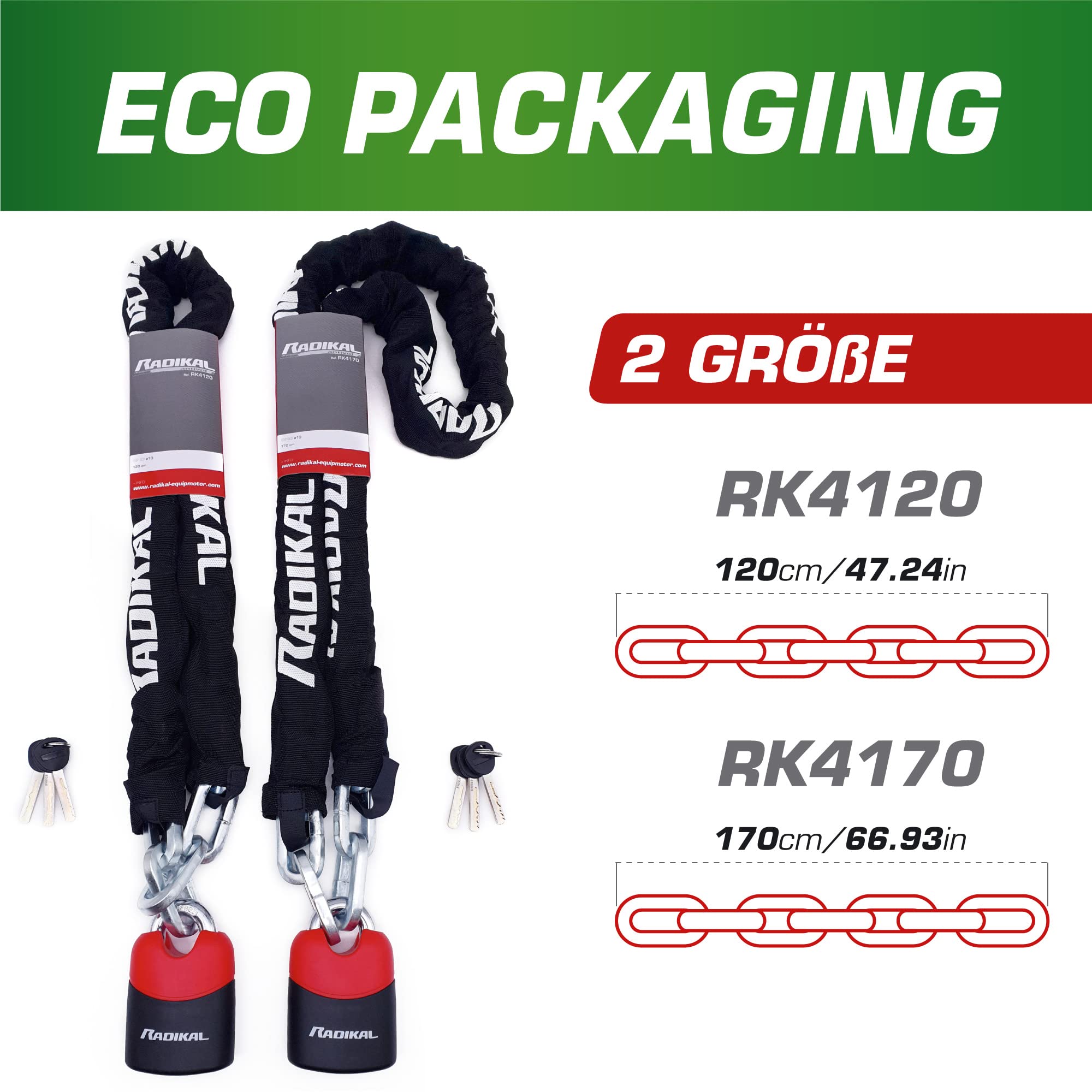 Radikal RK4170 Padlock and reinforced steel chain ø10, 170 cm with anti-theft protected arch Motorcycle, Scooter, Bike, Black
