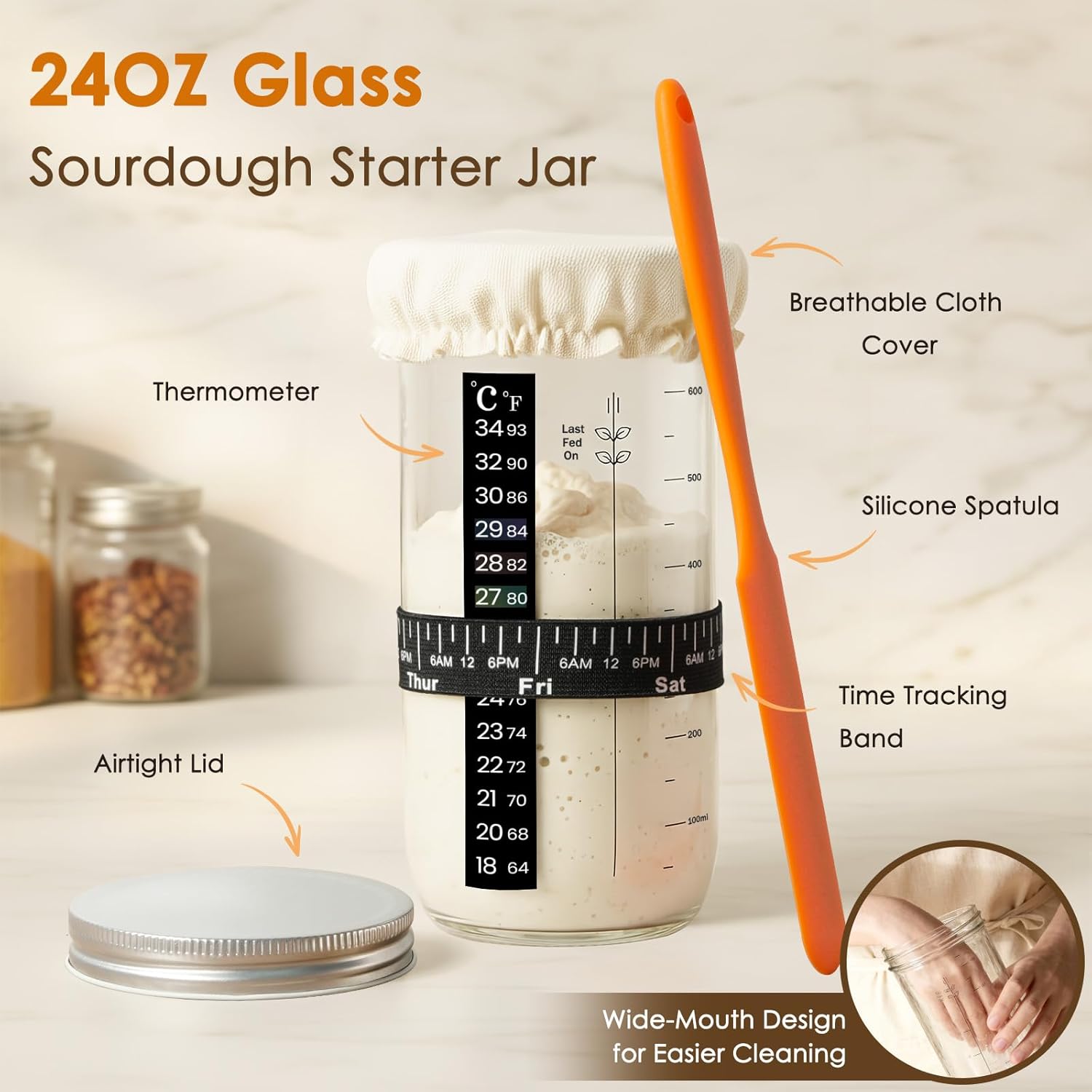 Kikcoin Sourdough Starter Kit, Complete Sourdough Bread Baking Supplies Includes 24oz Sourdough Starter Jar, Rattan Banneton Proofing Basket Set of 2, Artisan Bread Making Kit for Beginners & Pros - Image 3