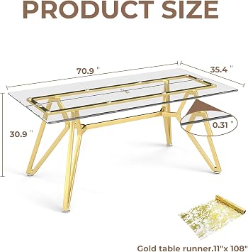 Rovibek 71 Modern Rectangular Dining Table for 6 Clear Tempered Glass Top Dinning Table with Gold Metal Legs, Includes Table Runner Ideal for Dining Room, Kitchen, Living Room