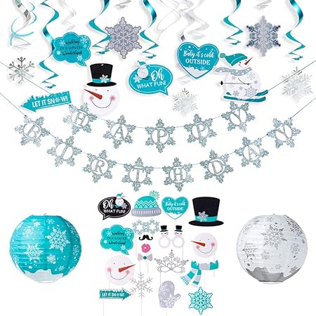 Amazon Easy Joy 誕生日飾り付けセット 雪の華ガーランド Happy Birthdayバナー 雪花 紙提灯 吊り下げ渦巻き フォトプロップス 雪だるま 雪の結晶 冬 クリスマス デコレーション 雪の音02 風船 バルーン おもちゃ