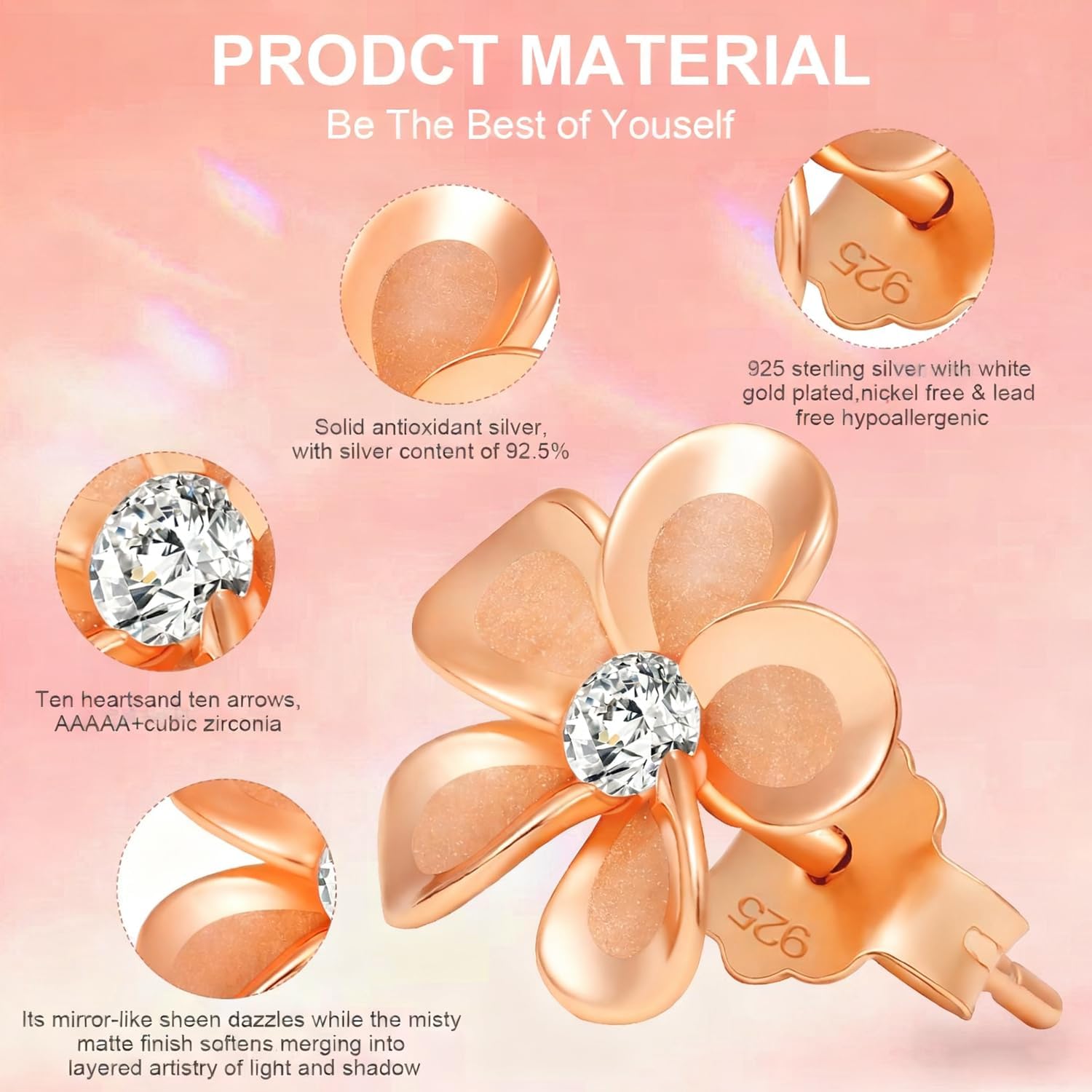 925 Sterling Silver Plumeria Flower Stud Earrings for Women Cubic Zirconia Crystal Flower Stud Earrings for Women Dainty Fashion Mirror Like Sheen and Matte Finish Combination Hypoallergenic Daisy Earring Minimalist Jewelry