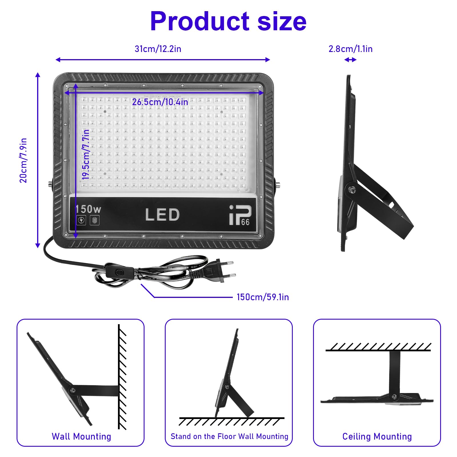 Luce UV nera: 2 luci LED da 150 W, IP66, impermeabili, 385 – 400 NM, luce nera, per feste, eventi all'aperto, feste di colore nero, feste (230 x 170 x 28 mm)