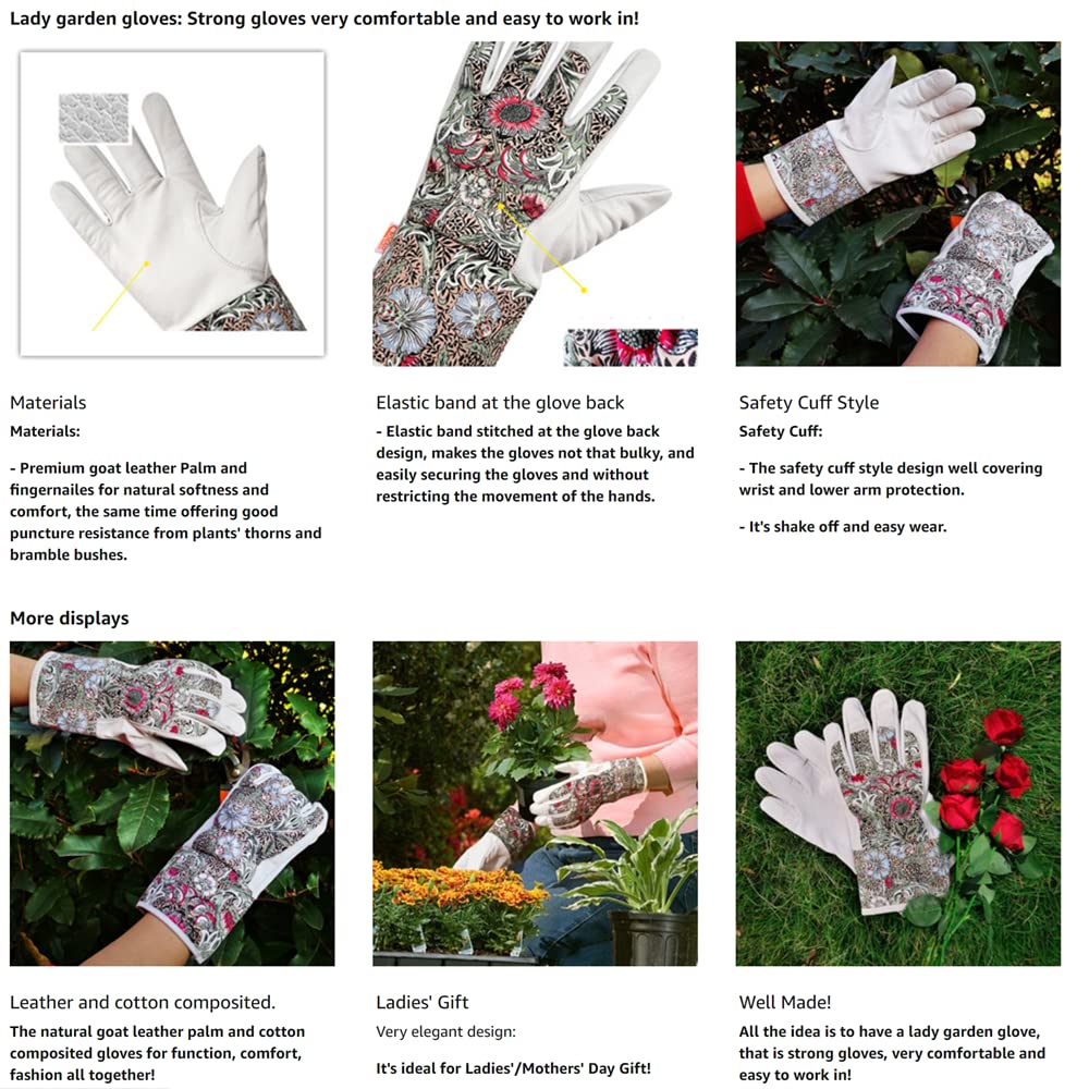 1 par de guantes de trabajo de jardín QEAR Lady, palma de cuero de cabra premium, parte trasera de algodón y puño de seguridad para protección de muñeca y brazo inferior, resistencia a las espinas