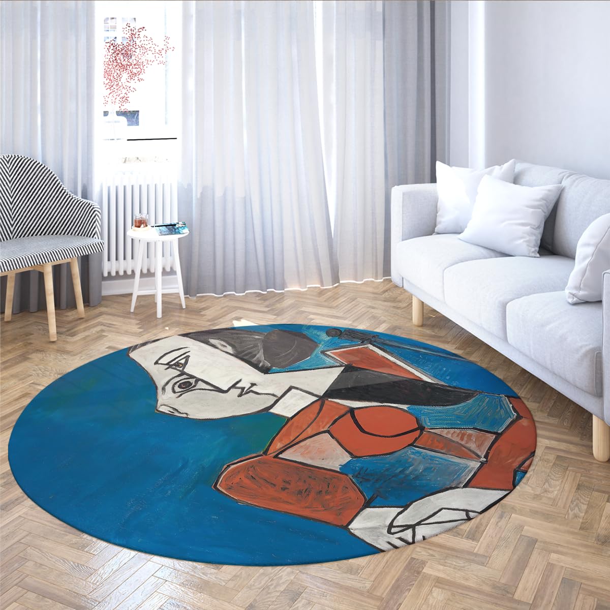 Tapis Rond Bleu Doux 160cm, Portrait Cubiste et Art Abstrait pour Salon