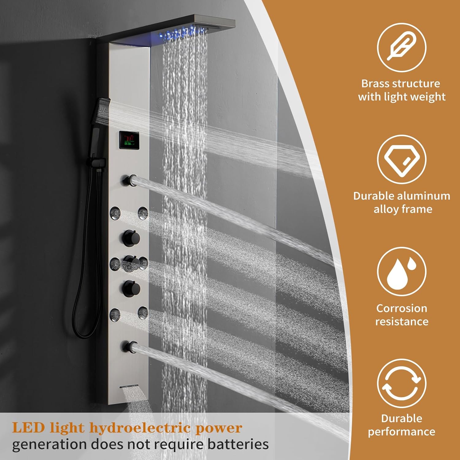 Shower Panel Tower System with LED Light & LCD Temperature Display，5 IN 1 Function Bathroom Shower Tower System Rainfall Massage Wall Mounted, Silver
