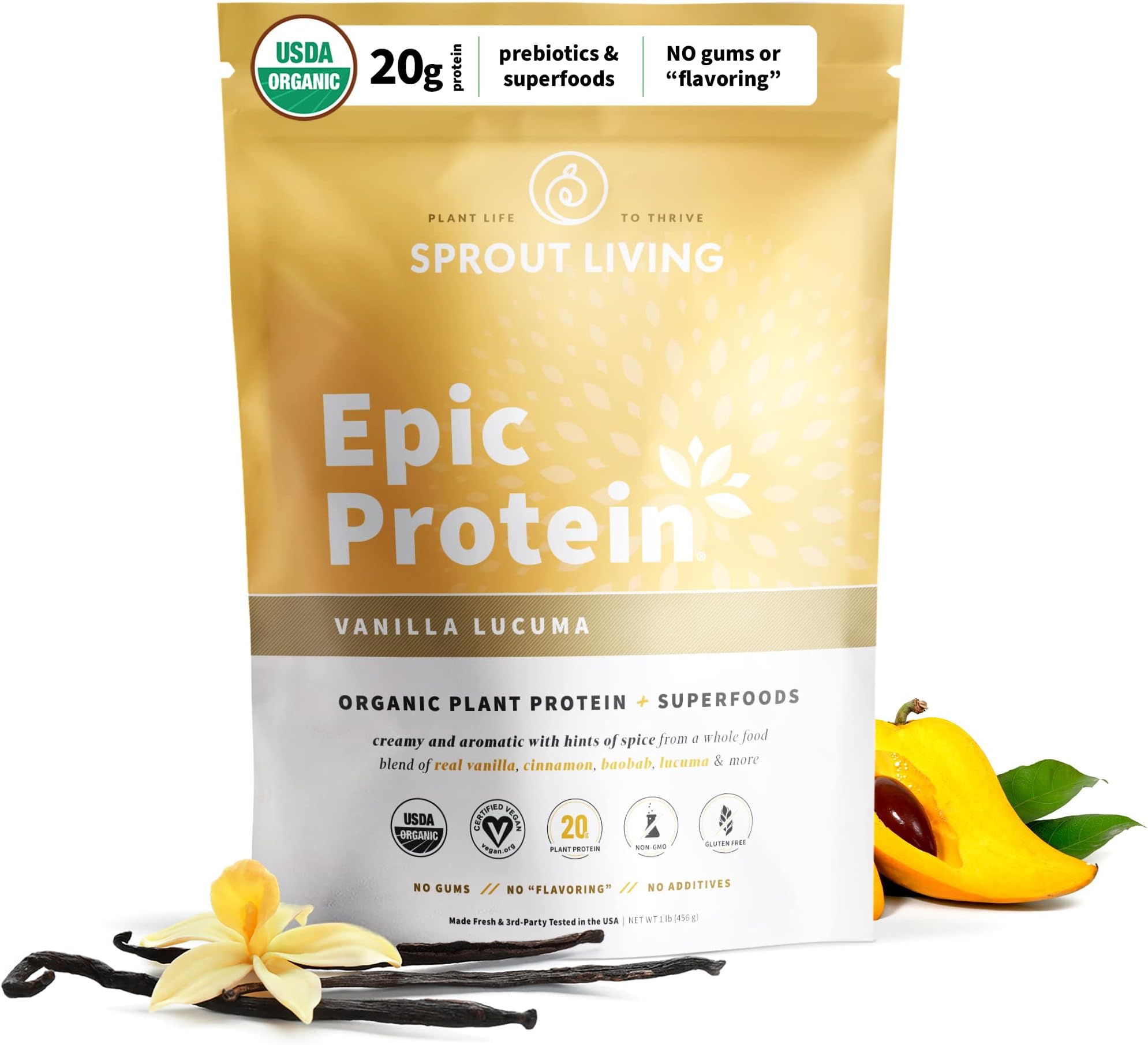 Epic Protein, Plant Based Protein & Superfoods Powder, Vanilla Lucuma Powder | 20 Grams Organic Protein Powder, Vegan, Non Dairy, Non-GMO, Gluten Free, Low Sugar (1 Pound, 12 Servings)