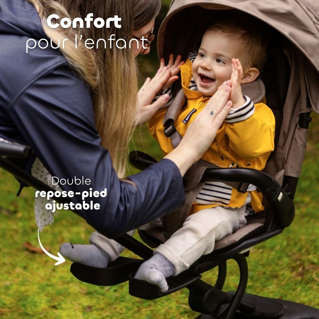 Poussette BÉABA x Micro Mobility Baby Cruiser, Dès la Naissance, Assise Rotative 360°, 7 Positions 3 Inclinaisons Pliage Une Main, Chaise Haute, Roues LED, Harnais 5 Points, Canopy XXL UPF 50+, Pralin