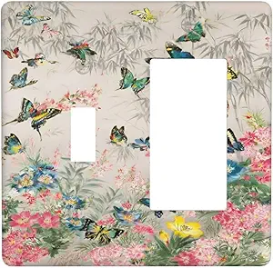Decorative Outlet Covers Boho Wildflowers Butterfly Rustic Blue Pink Flowers 2 Gang 1 Gang Wall Plate Cover Single Toggle Rocker Combo Light Switch Cover Plate Face Plate for Home Decor